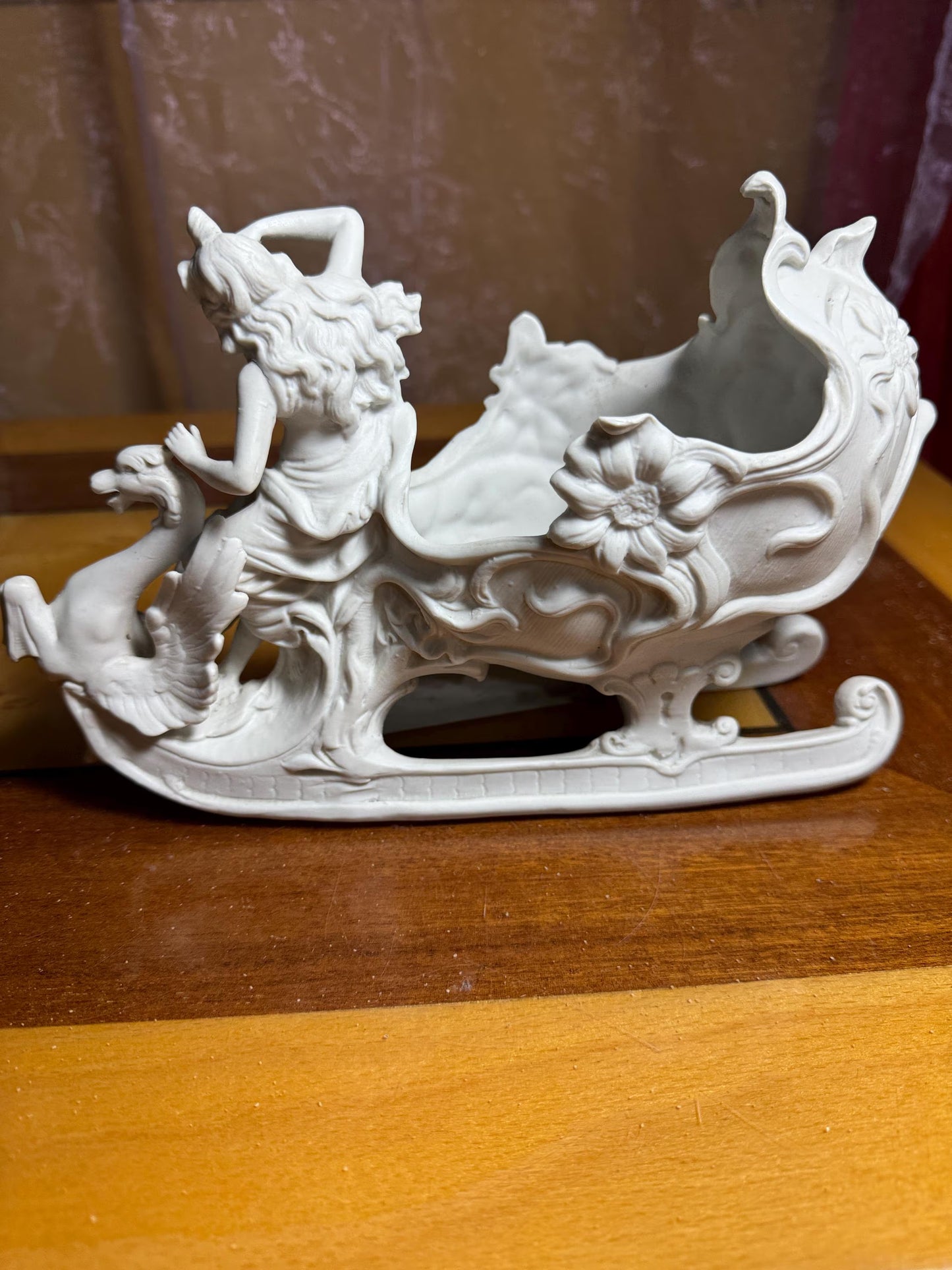 Antique Art Nouveau Bisque Porcelain Sleigh with Lady and Swan – Continental 19th Century Sculpture – SB 2677