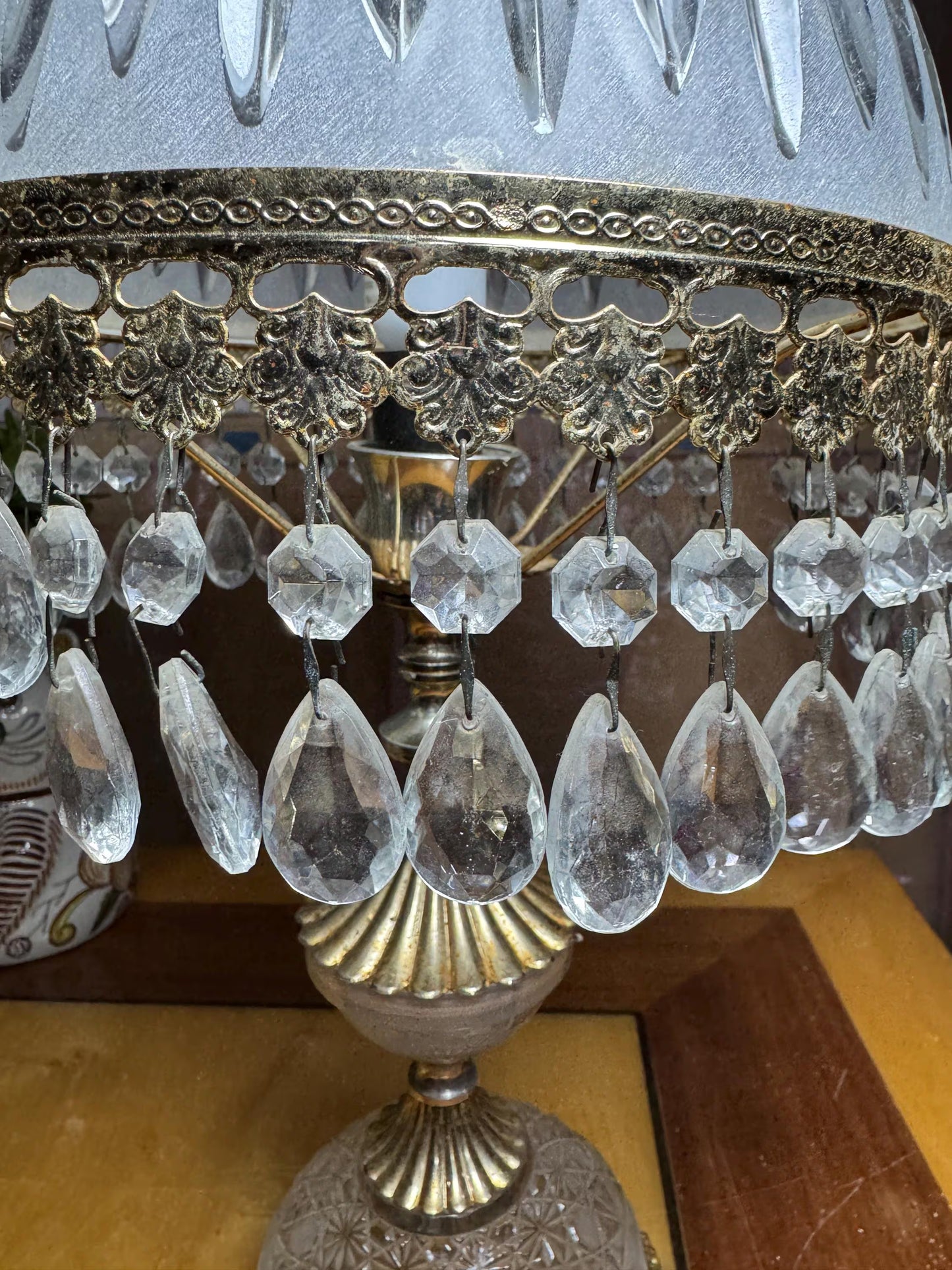 Luxury Vintage Art Deco Crystal Boudoir Lamp – Michelotti Glass & Brass – Putti Cherub Topper