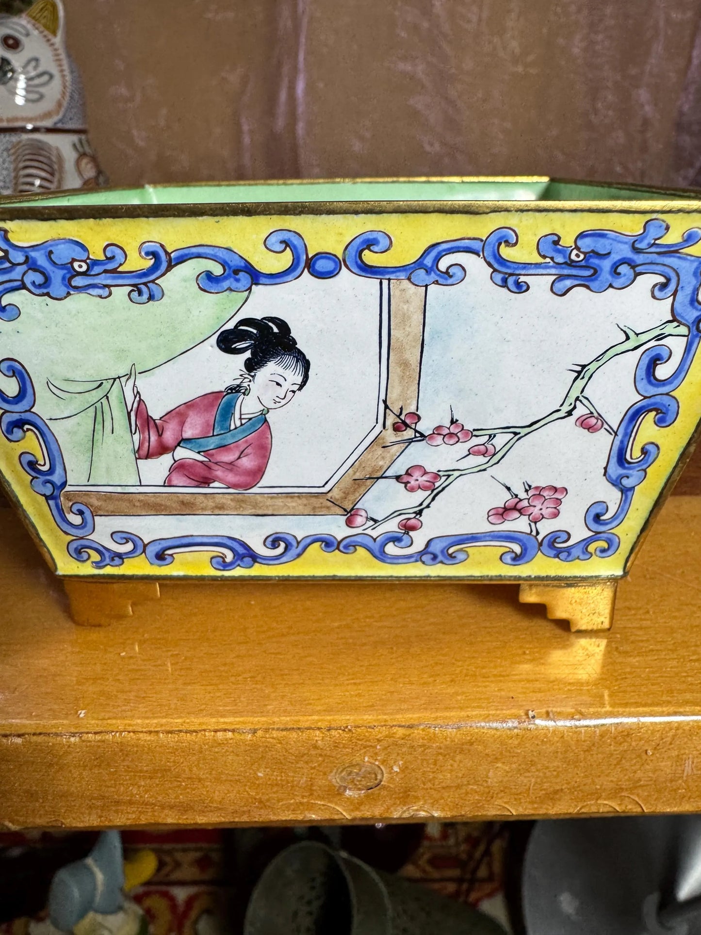Vintage Chinese Cloisonné Style Jardiniere – Hand Painted – Chinoiserie Revival