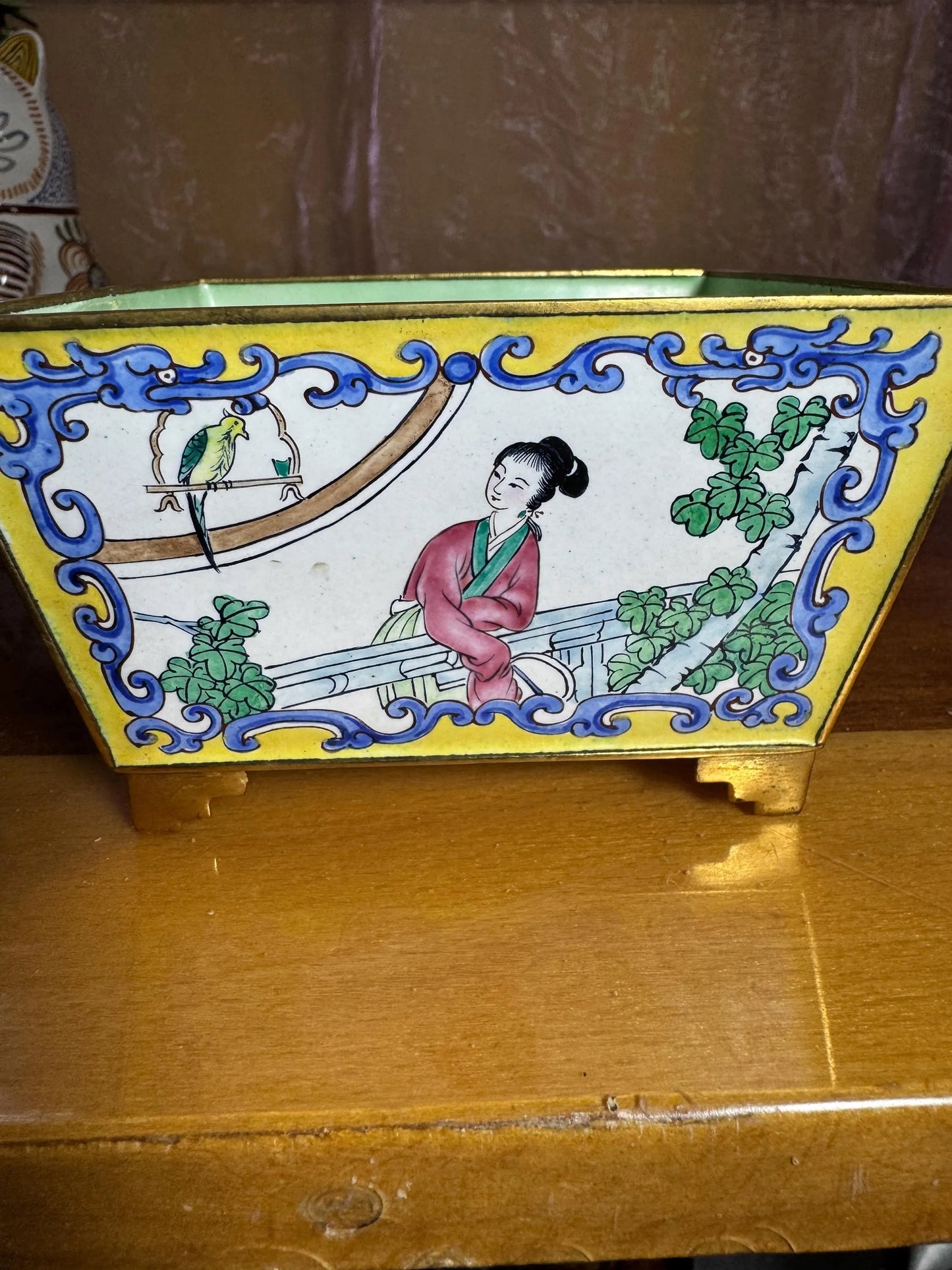 Vintage Chinese Cloisonné Style Jardiniere – Hand Painted – Chinoiserie Revival