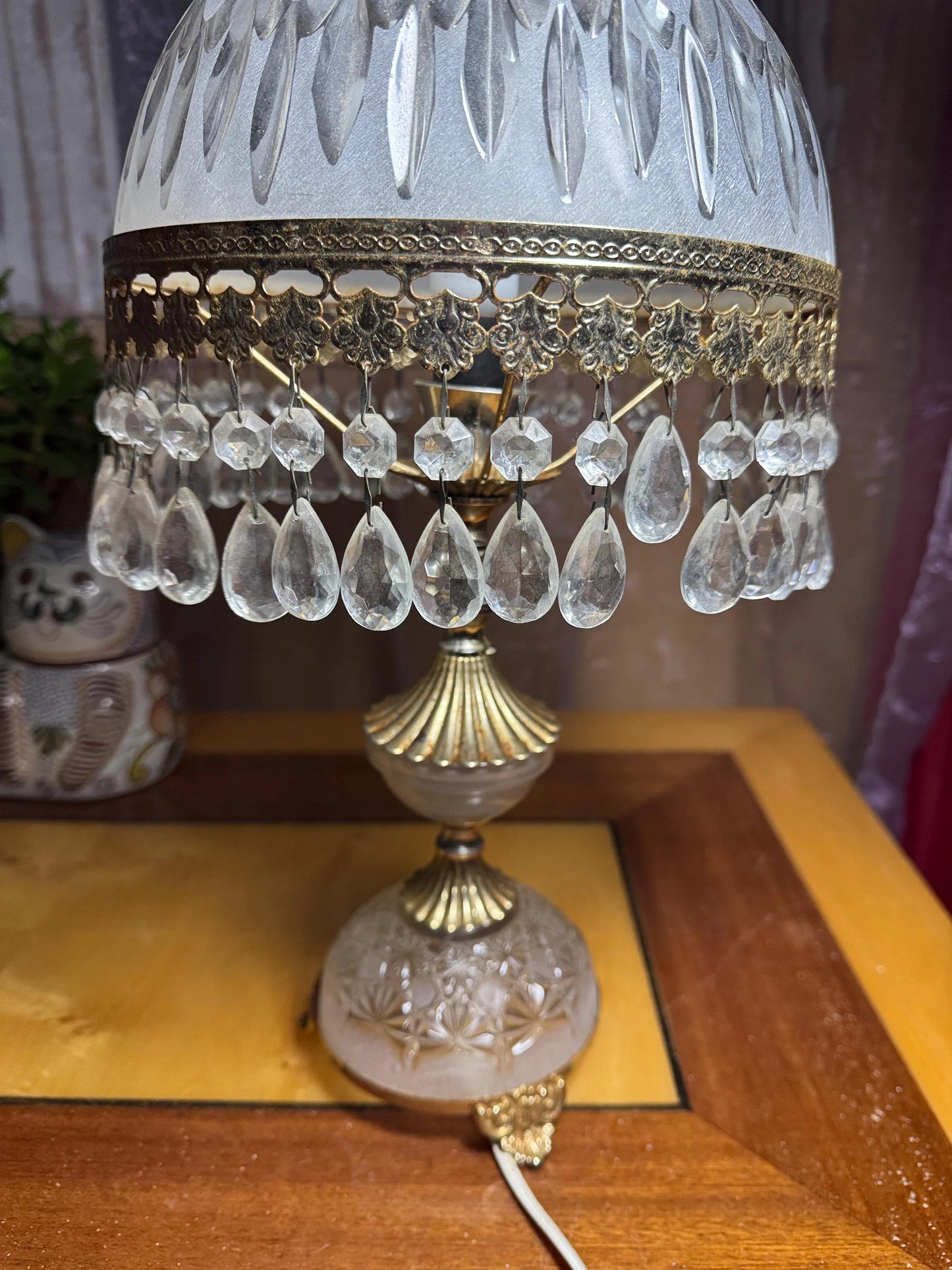 Luxury Vintage Art Deco Crystal Boudoir Lamp – Michelotti Glass & Brass – Putti Cherub Topper