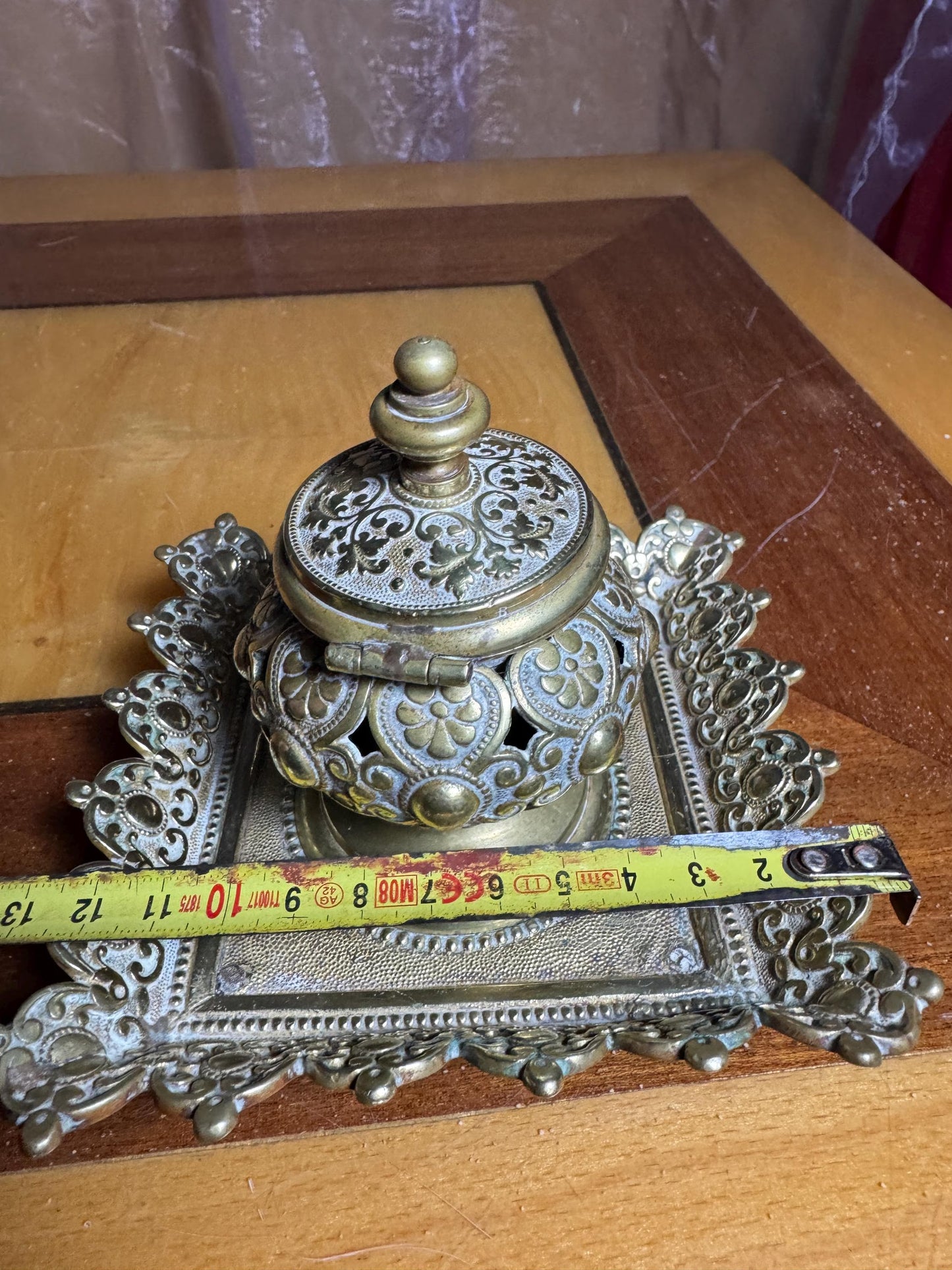 Antique Bronze Inkwell – Indo-Persian Design – Pierced Lid and Base – 19th Century – 12x12 cm