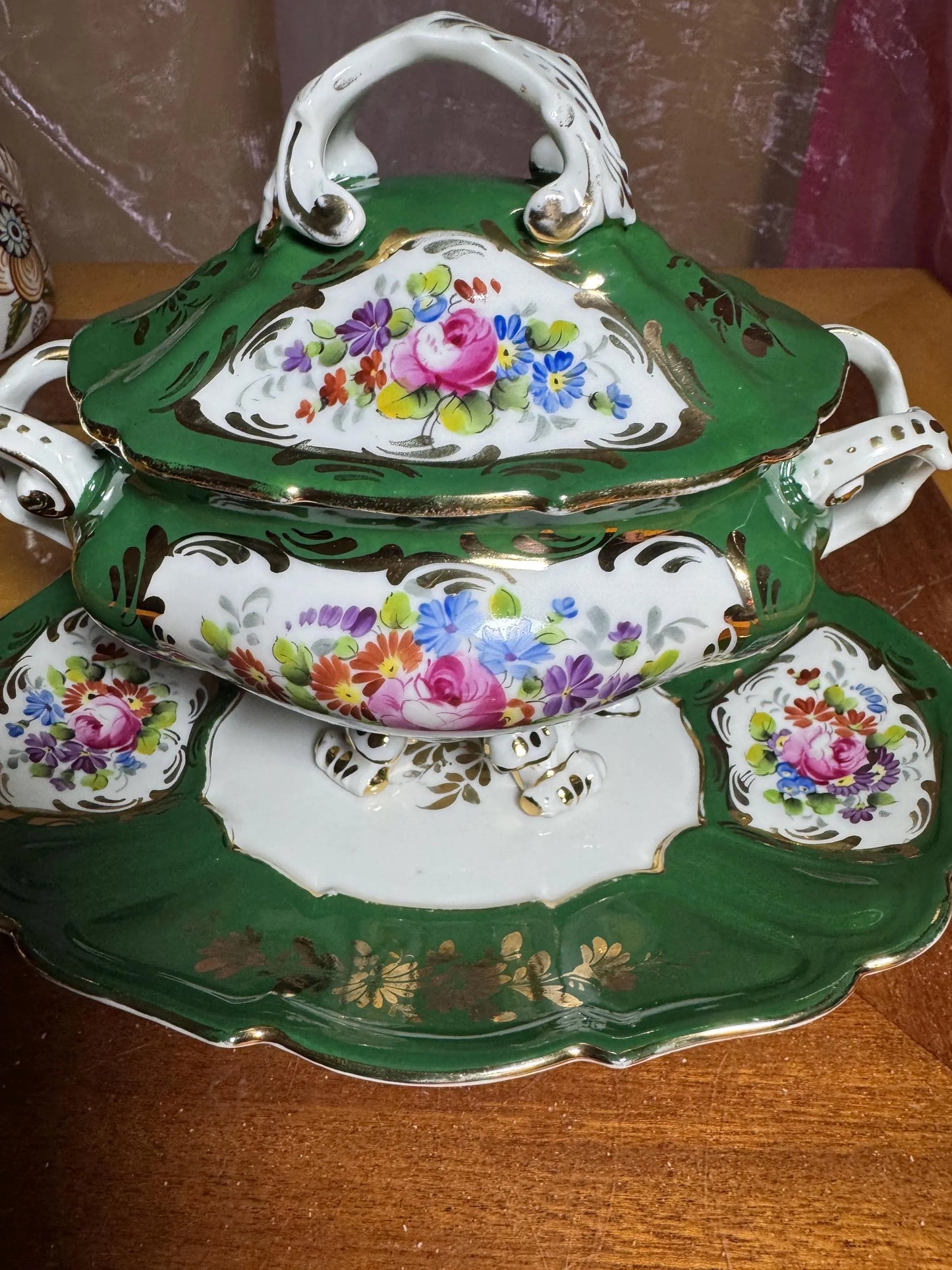 Hand-Painted French Porcelain Tureen with Platter – Green & Floral Gilded – Vintage France
