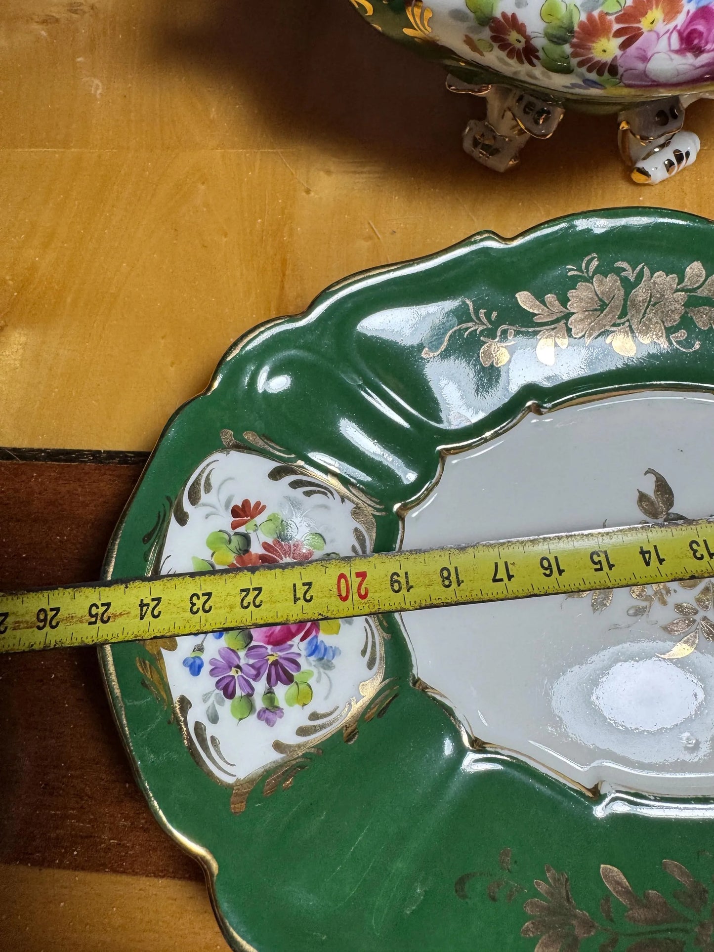 Hand-Painted French Porcelain Tureen with Platter – Green & Floral Gilded – Vintage France