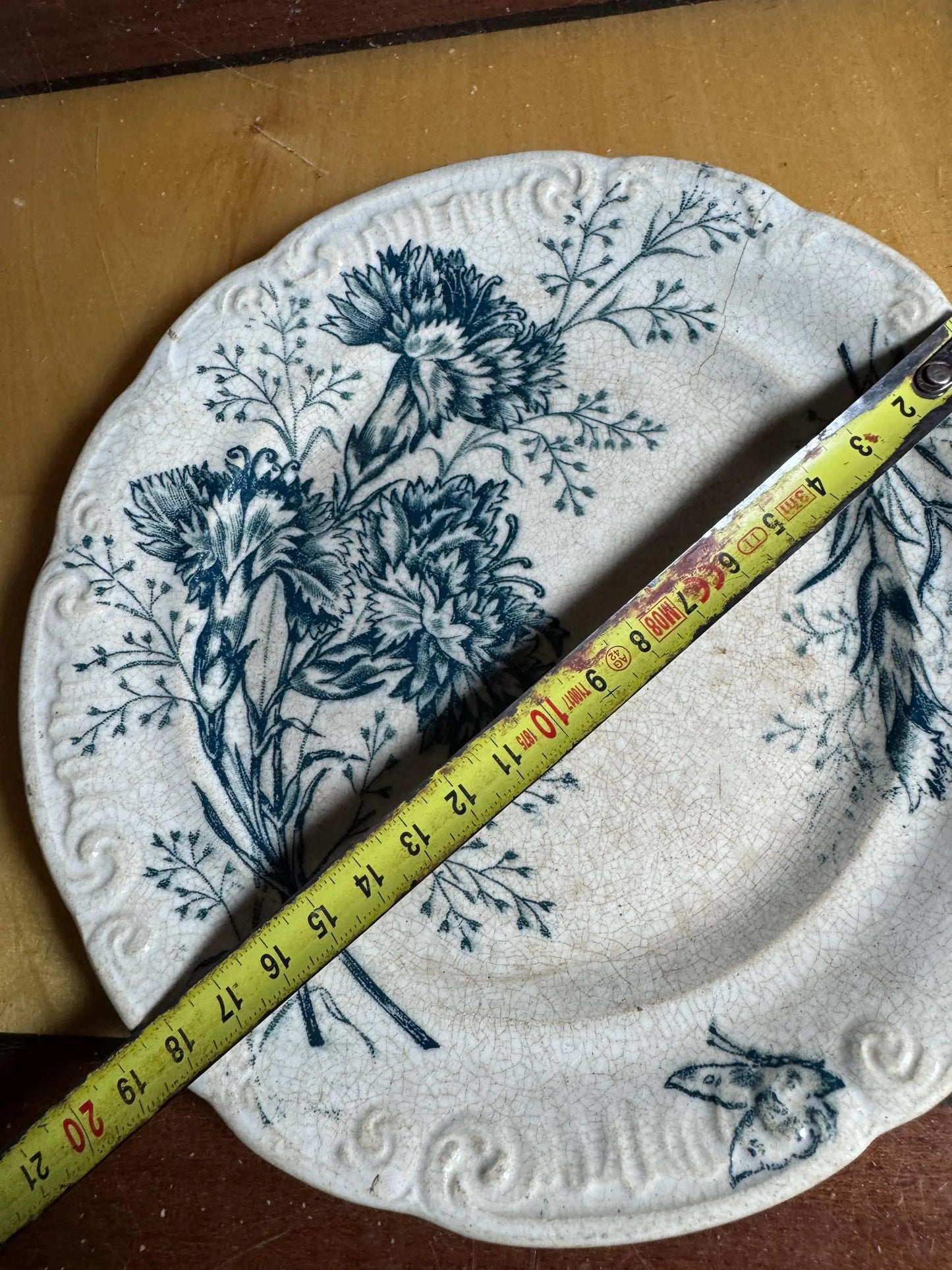 Antique French Faience Plate – Blue Carnation Floral Transferware with Butterfly – 1880s