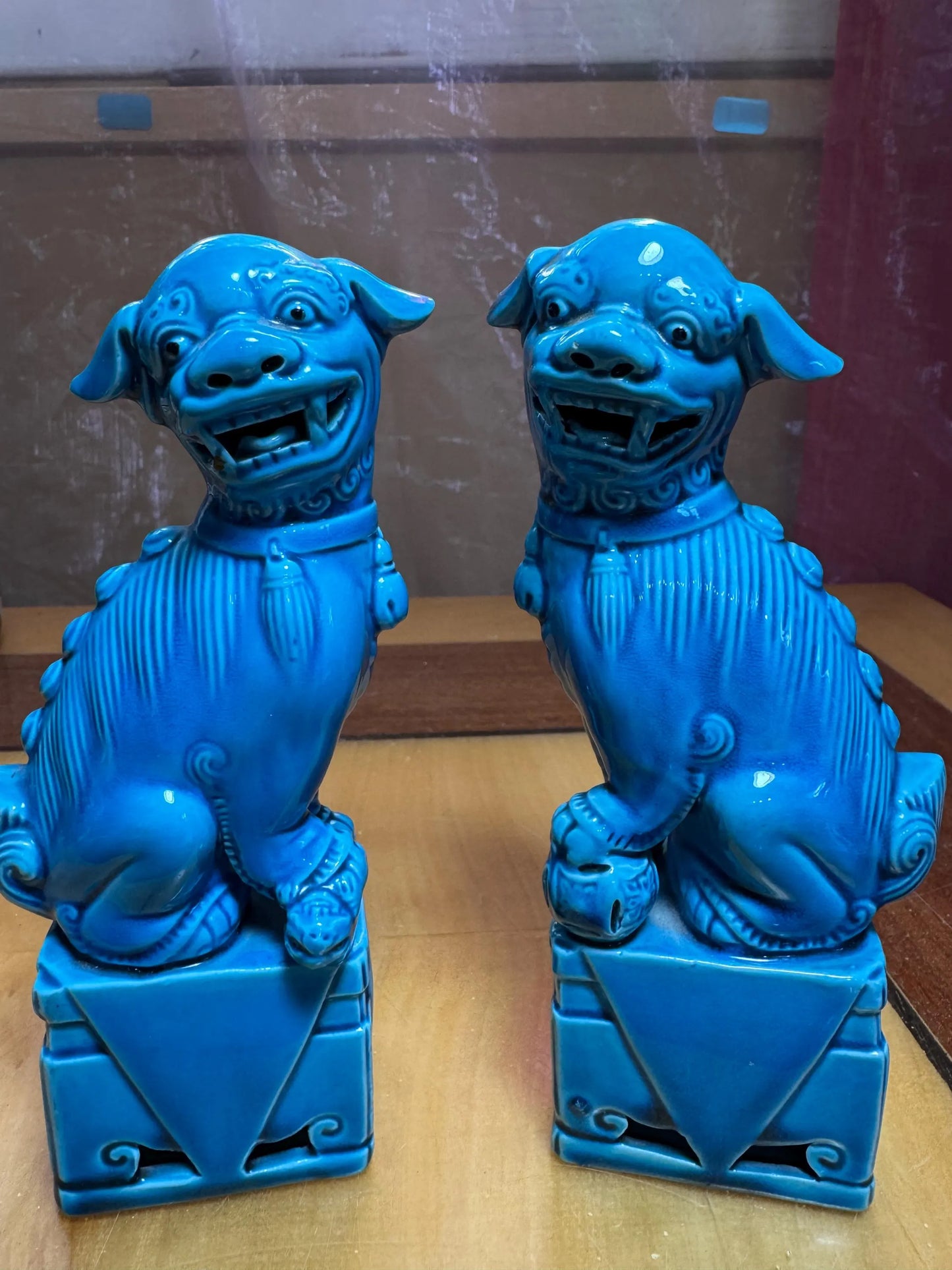 Pair of Vintage Chinese Foo Dogs – Turquoise Ceramic – 16 cm