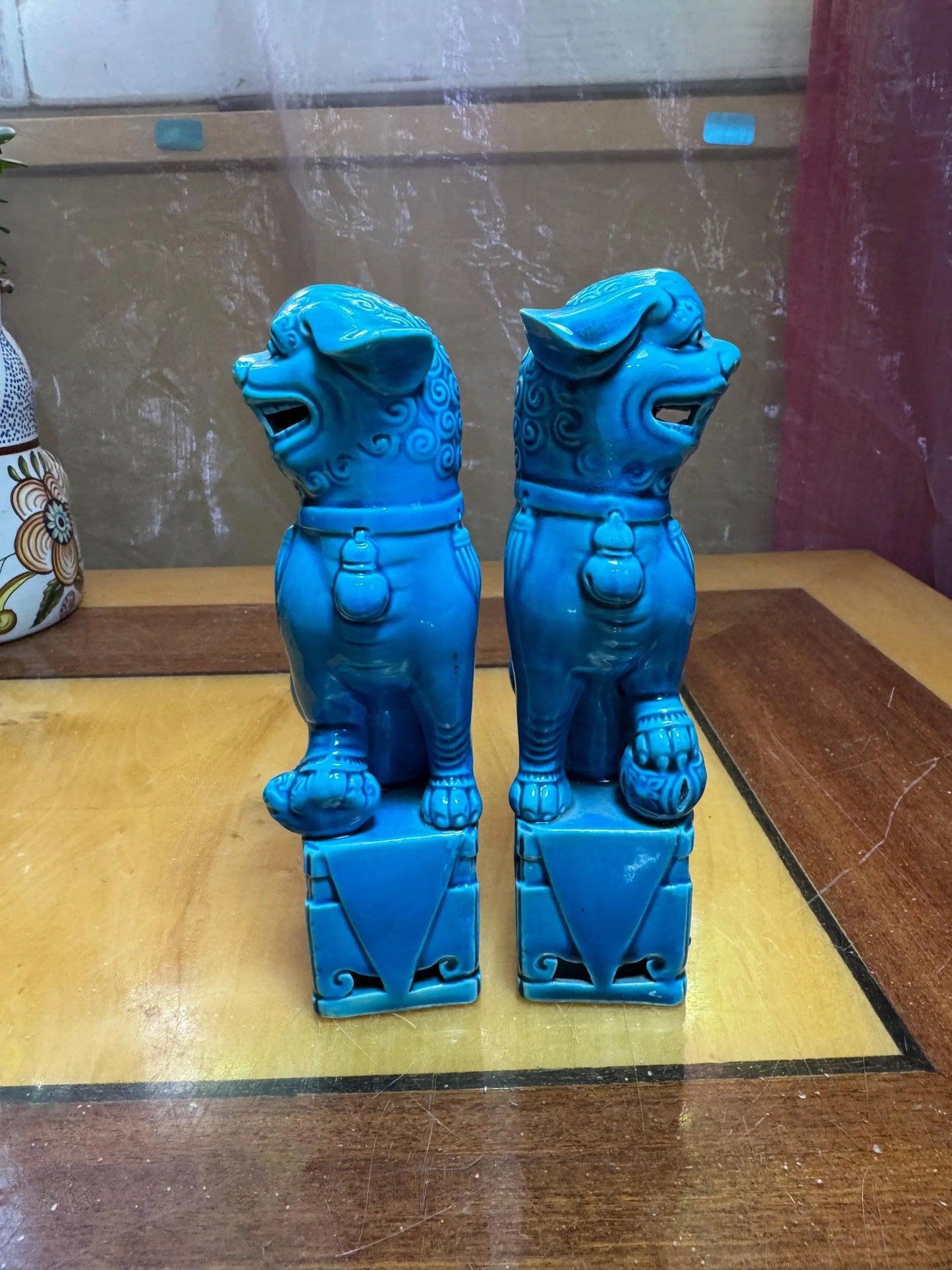 Pair of Vintage Chinese Foo Dogs – Turquoise Ceramic – 16 cm
