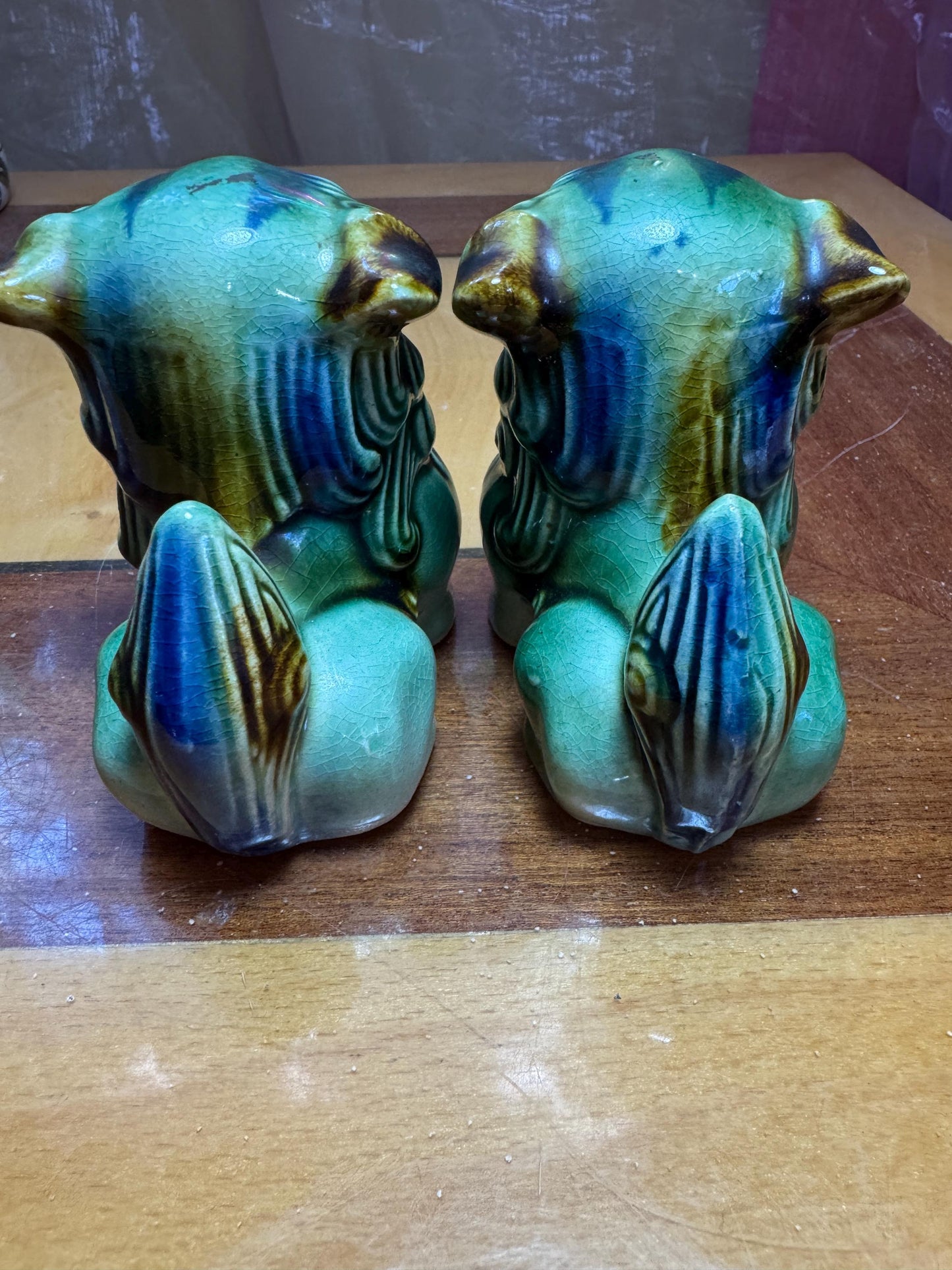 Pair of Vintage Chinese Foo Dogs – Green Glazed Ceramic Fu Lions – 9 cm Guardian Statues – Feng Shui Decor