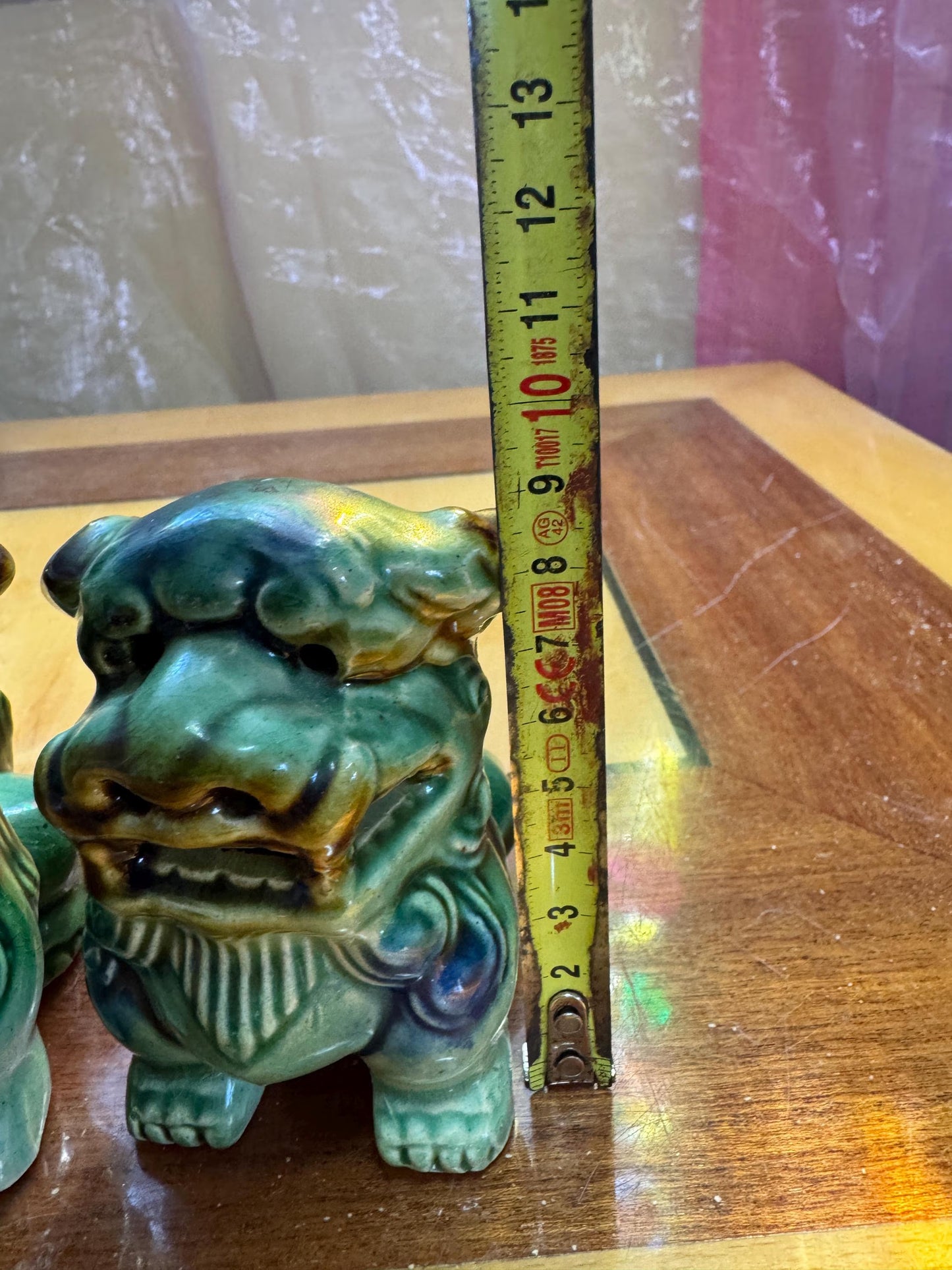 Pair of Vintage Chinese Foo Dogs – Green Glazed Ceramic Fu Lions – 9 cm Guardian Statues – Feng Shui Decor