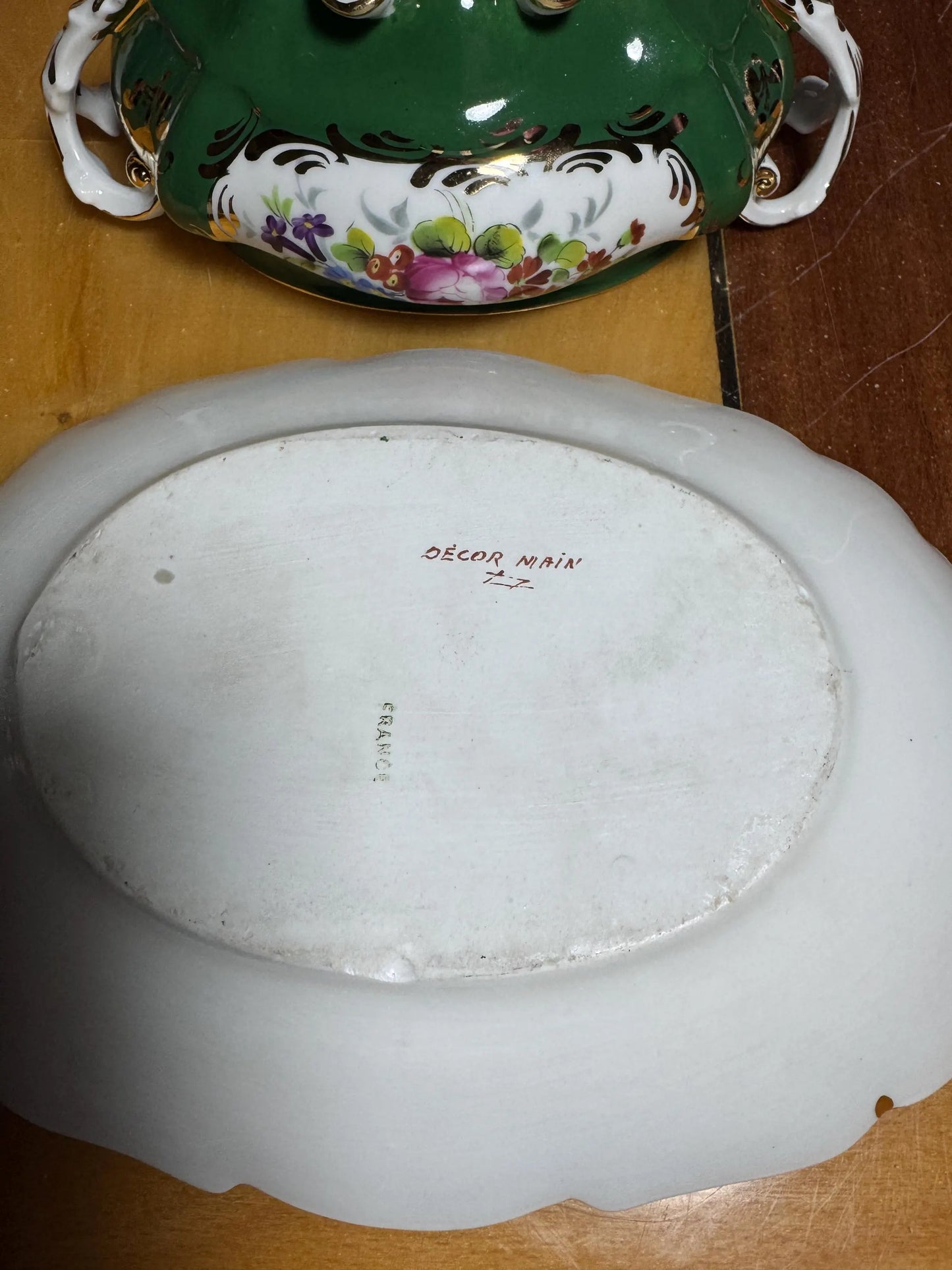 Hand-Painted French Porcelain Tureen with Platter – Green & Floral Gilded – Vintage France