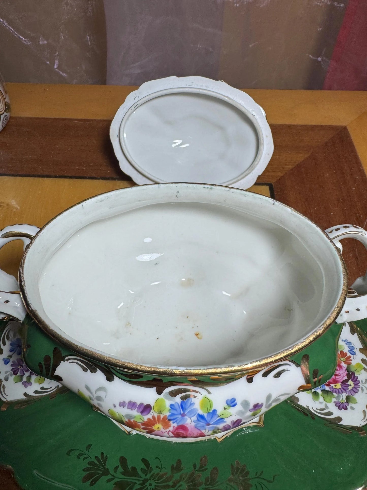 Hand-Painted French Porcelain Tureen with Platter – Green & Floral Gilded – Vintage France