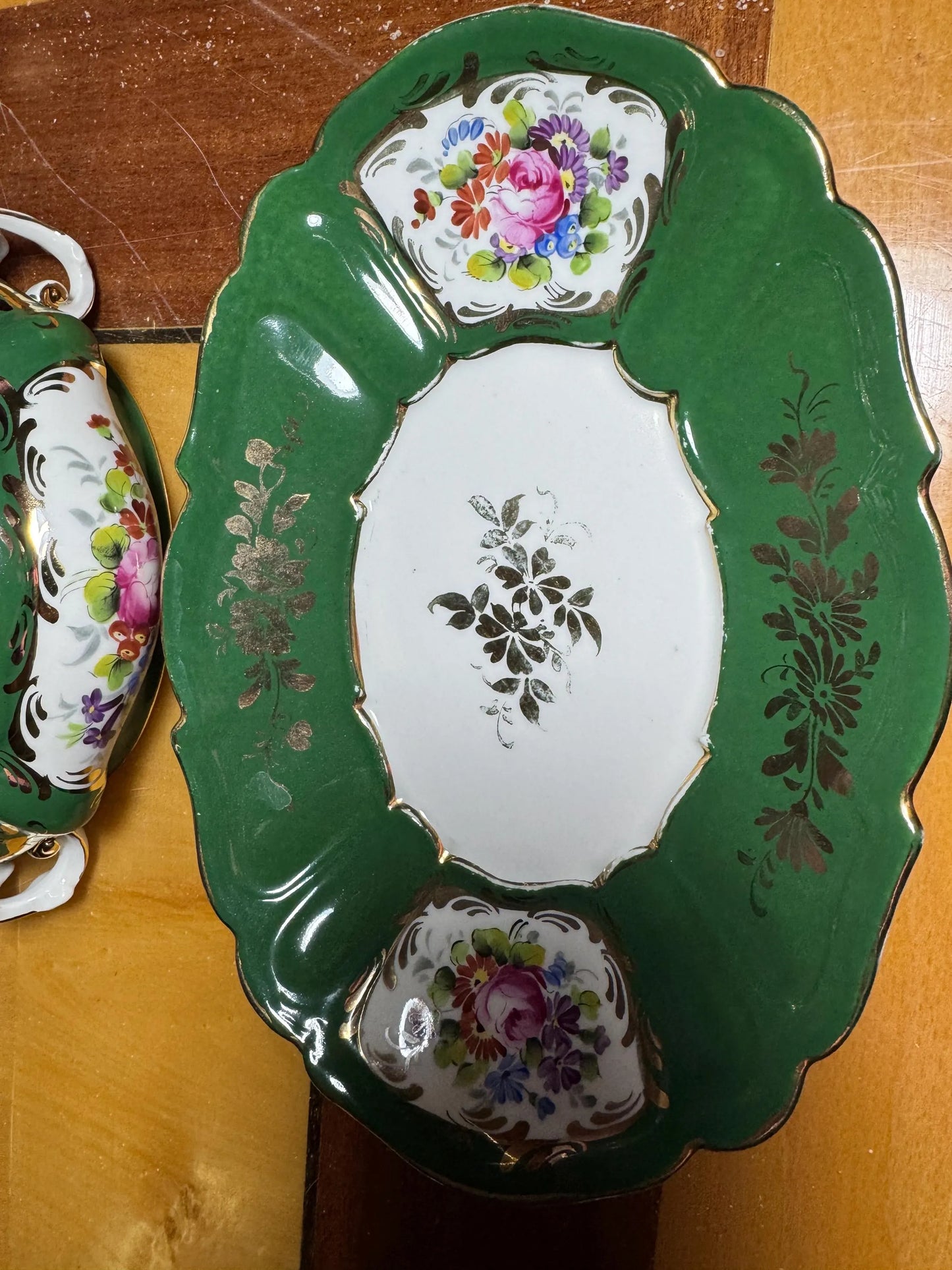 Hand-Painted French Porcelain Tureen with Platter – Green & Floral Gilded – Vintage France