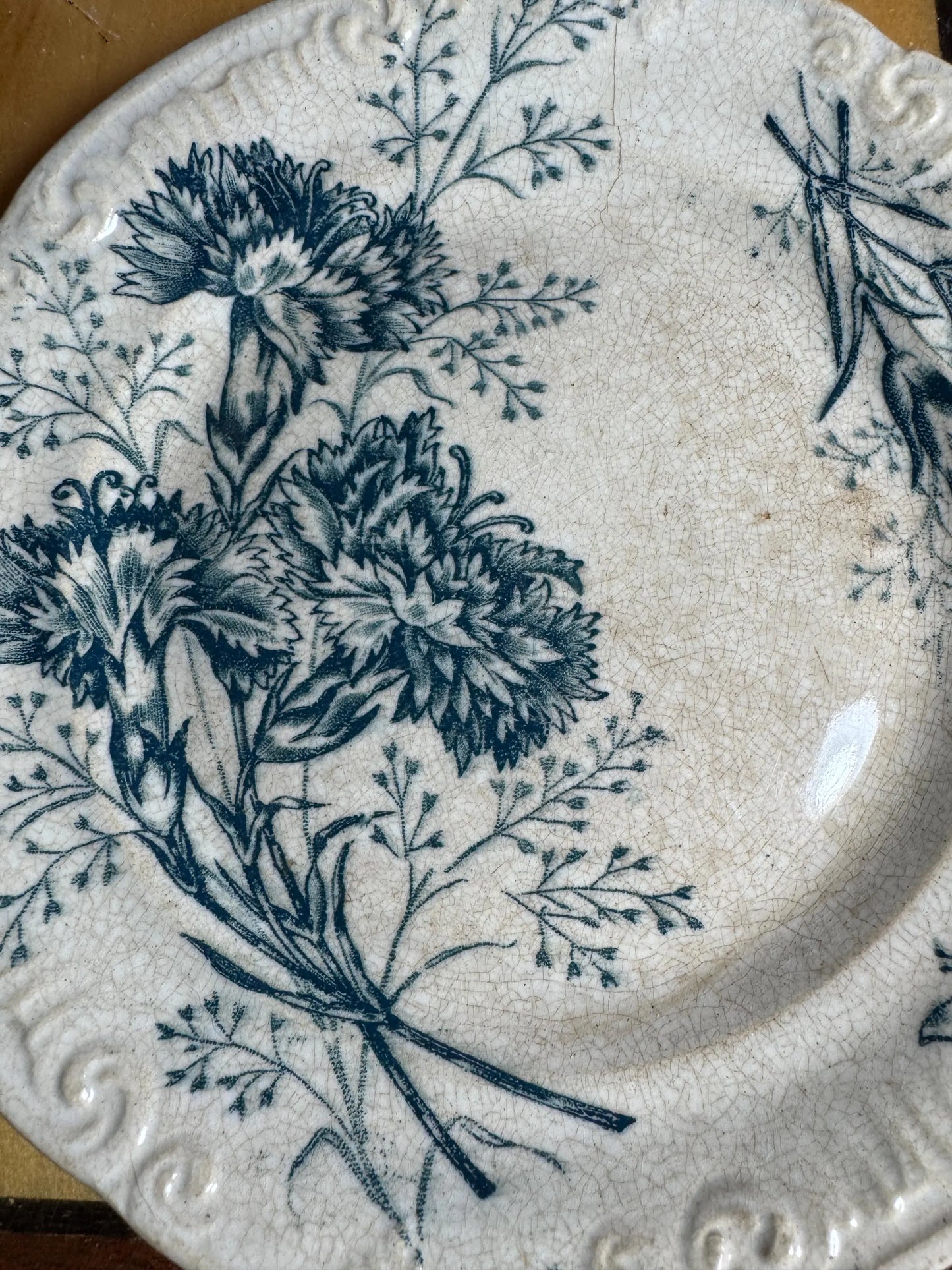 Antique French Faience Plate – Blue Carnation Floral Transferware with Butterfly – 1880s