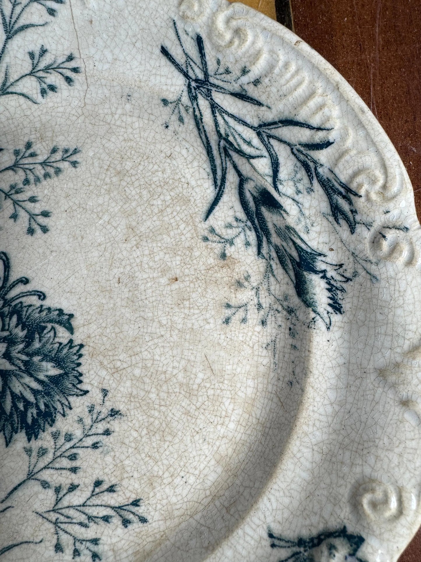 Antique French Faience Plate – Blue Carnation Floral Transferware with Butterfly – 1880s