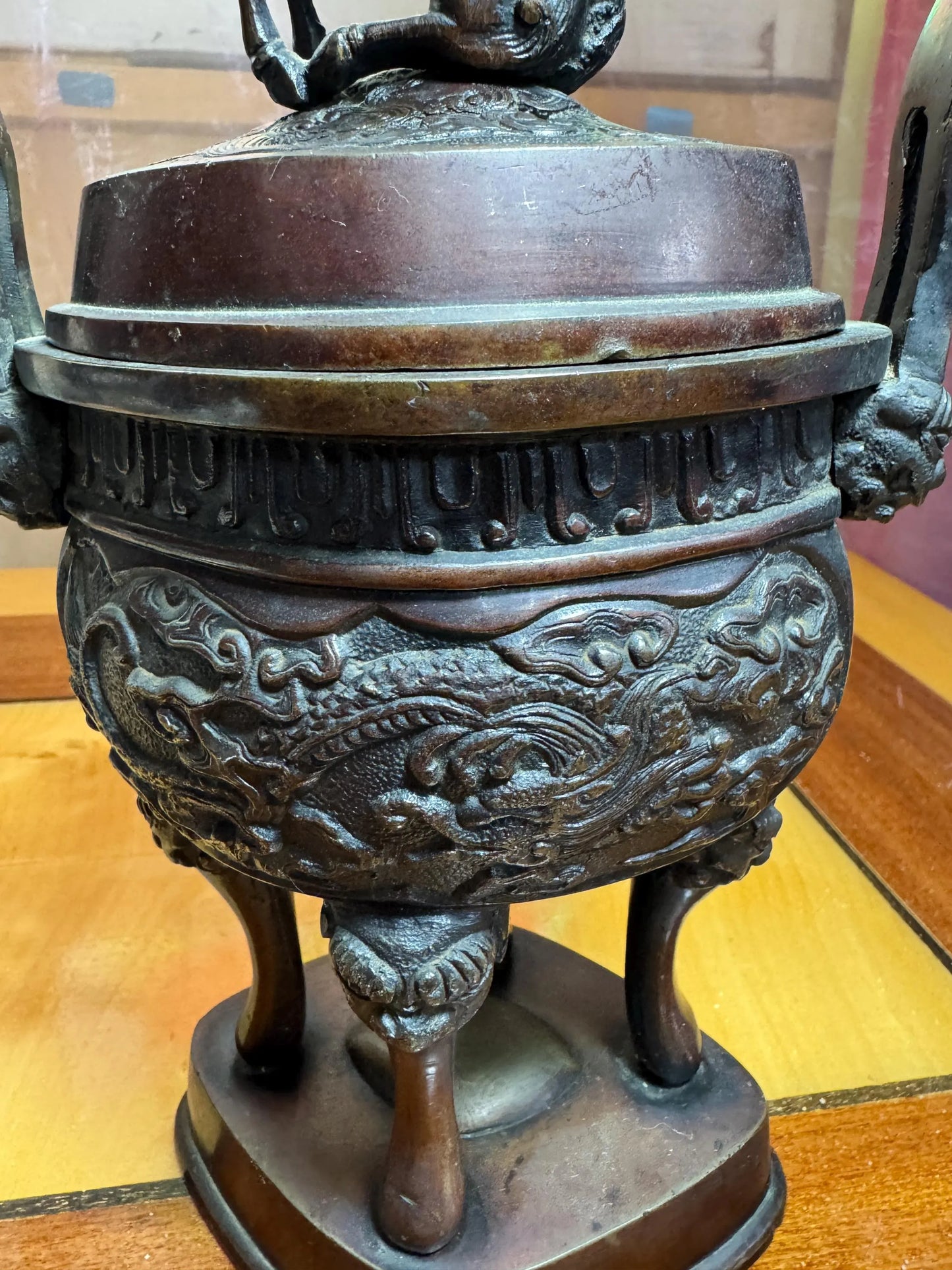 Vintage Chinese Bronze Incense Burner with Kirin Finial – Dragon Motif Censer