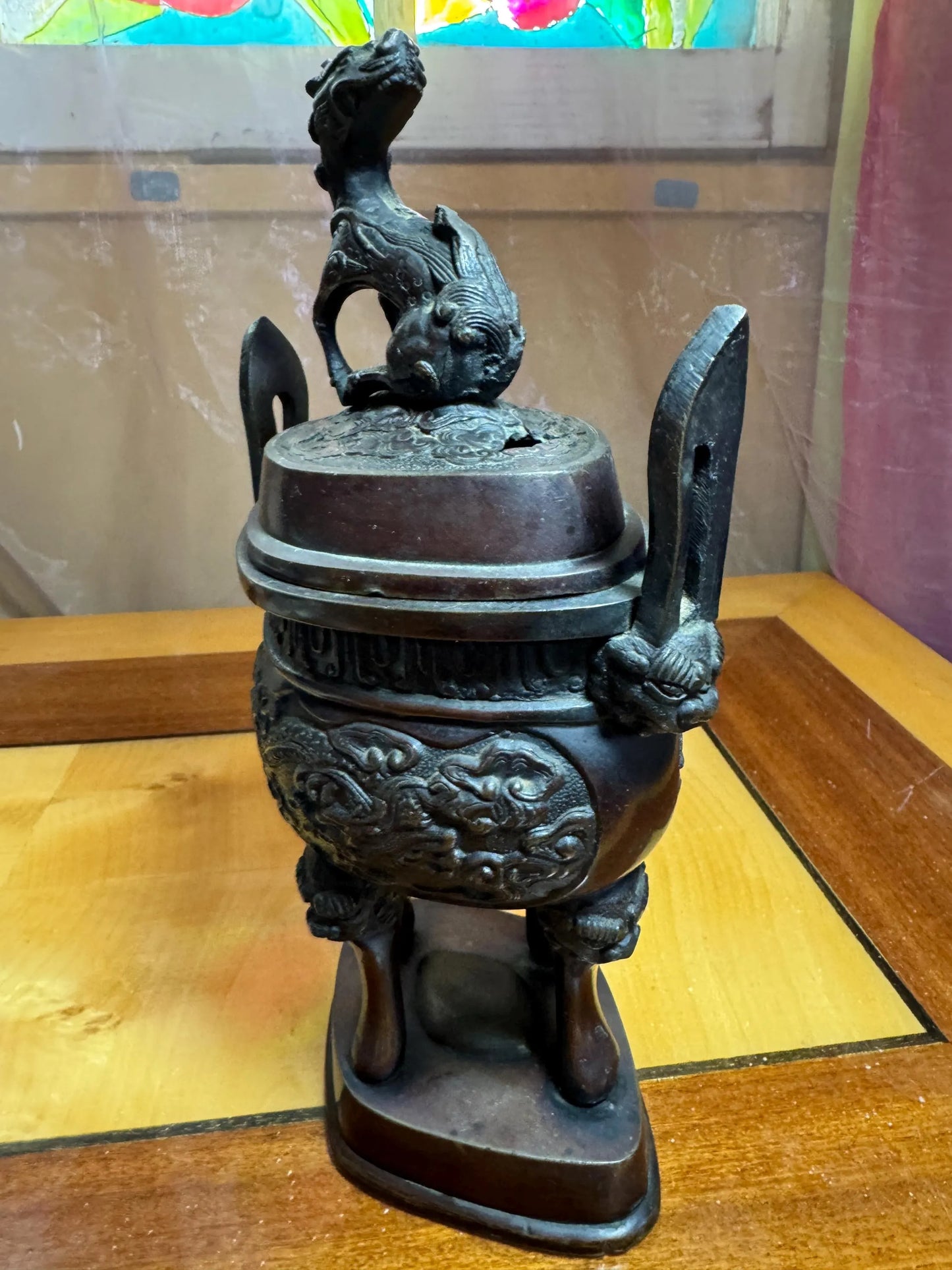 Vintage Chinese Bronze Incense Burner with Kirin Finial – Dragon Motif Censer