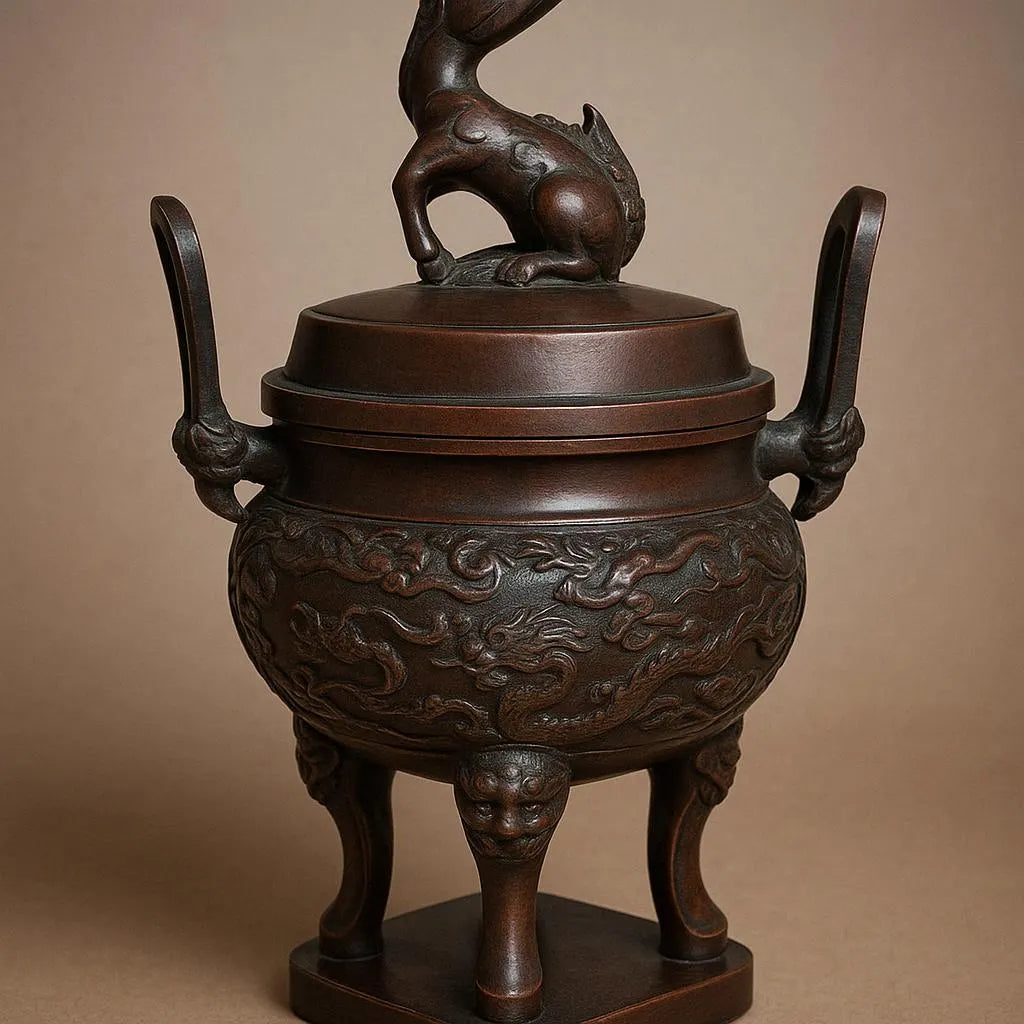 Vintage Chinese Bronze Incense Burner with Kirin Finial – Dragon Motif Censer