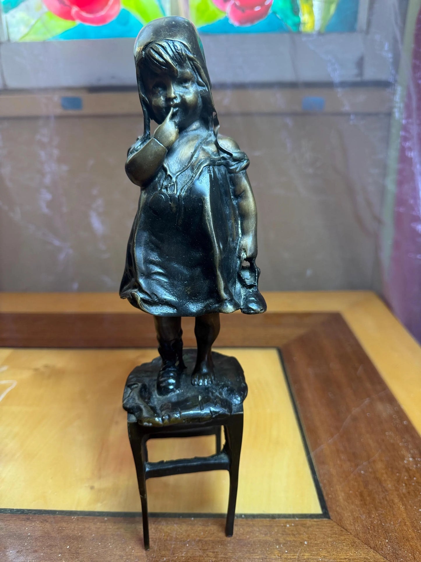 Antique Bronze Sculpture by Juan Clara – Girl on Chair – Signed – 30 cm – Spanish Belle Époque