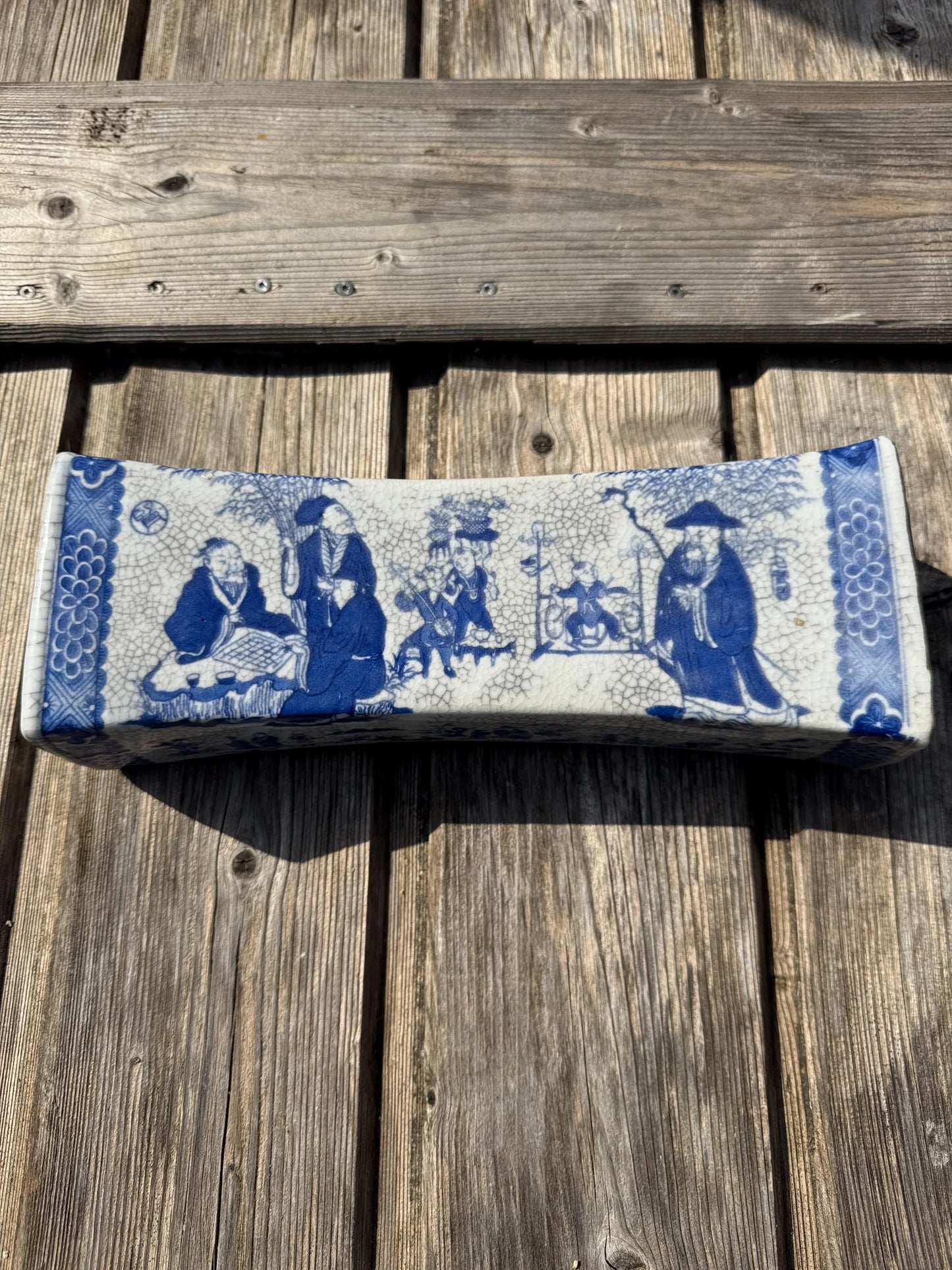 Rare Antique Chinese Porcelain Pillow – Blue & White Immortals Design – Crackle Glaze – Signed – Qing Style