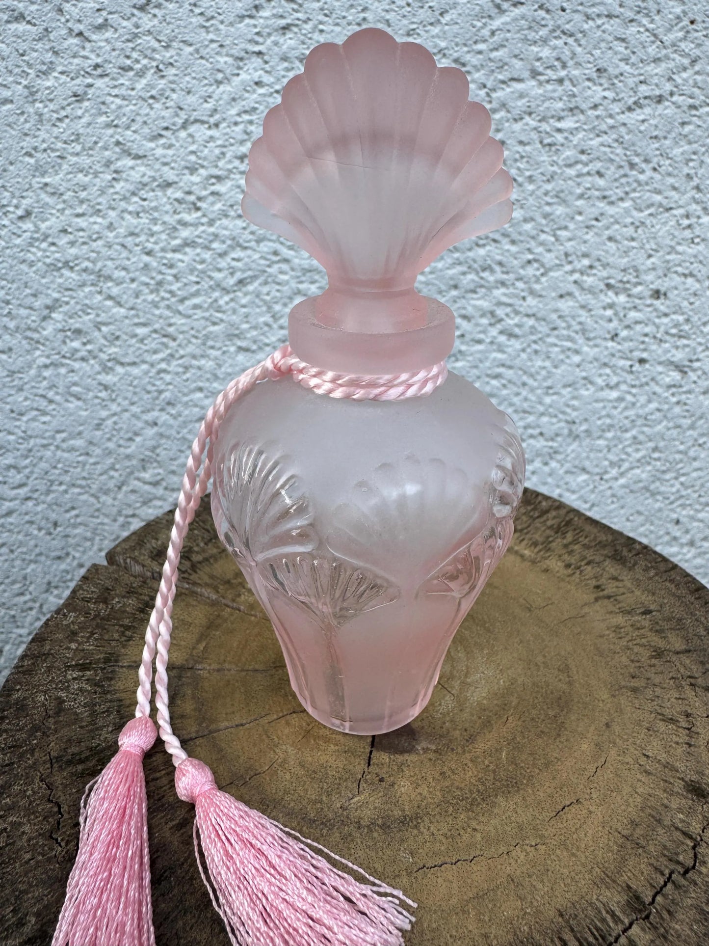 Vintage Pink Frosted Glass Vanity Set – Perfume Bottle, Atomizer, Vase & Shell Dish
