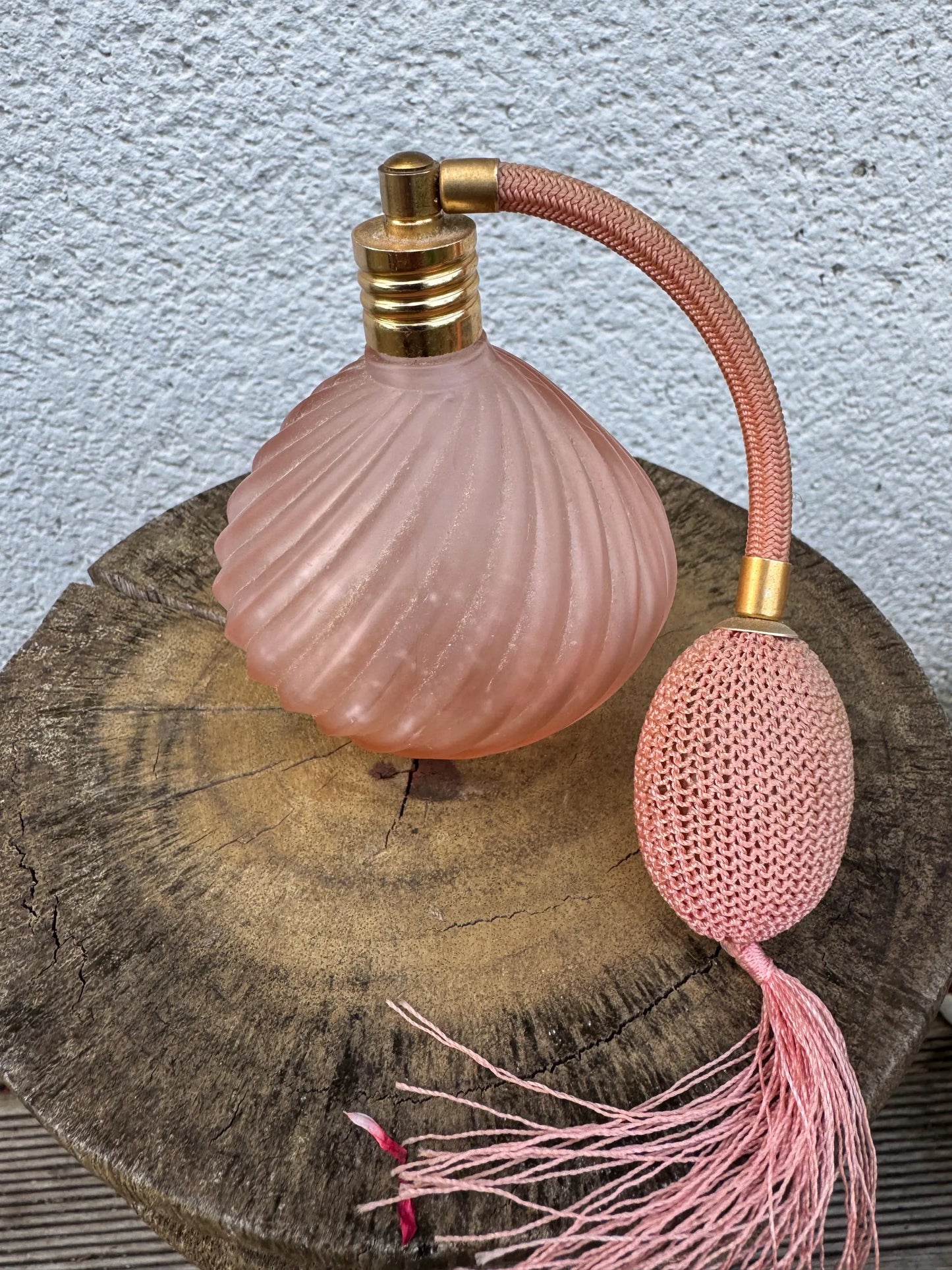 Vintage Pink Frosted Glass Vanity Set – Perfume Bottle, Atomizer, Vase & Shell Dish