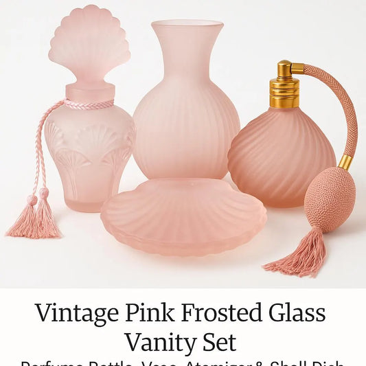 Vintage Pink Frosted Glass Vanity Set – Perfume Bottle, Atomizer, Vase & Shell Dish