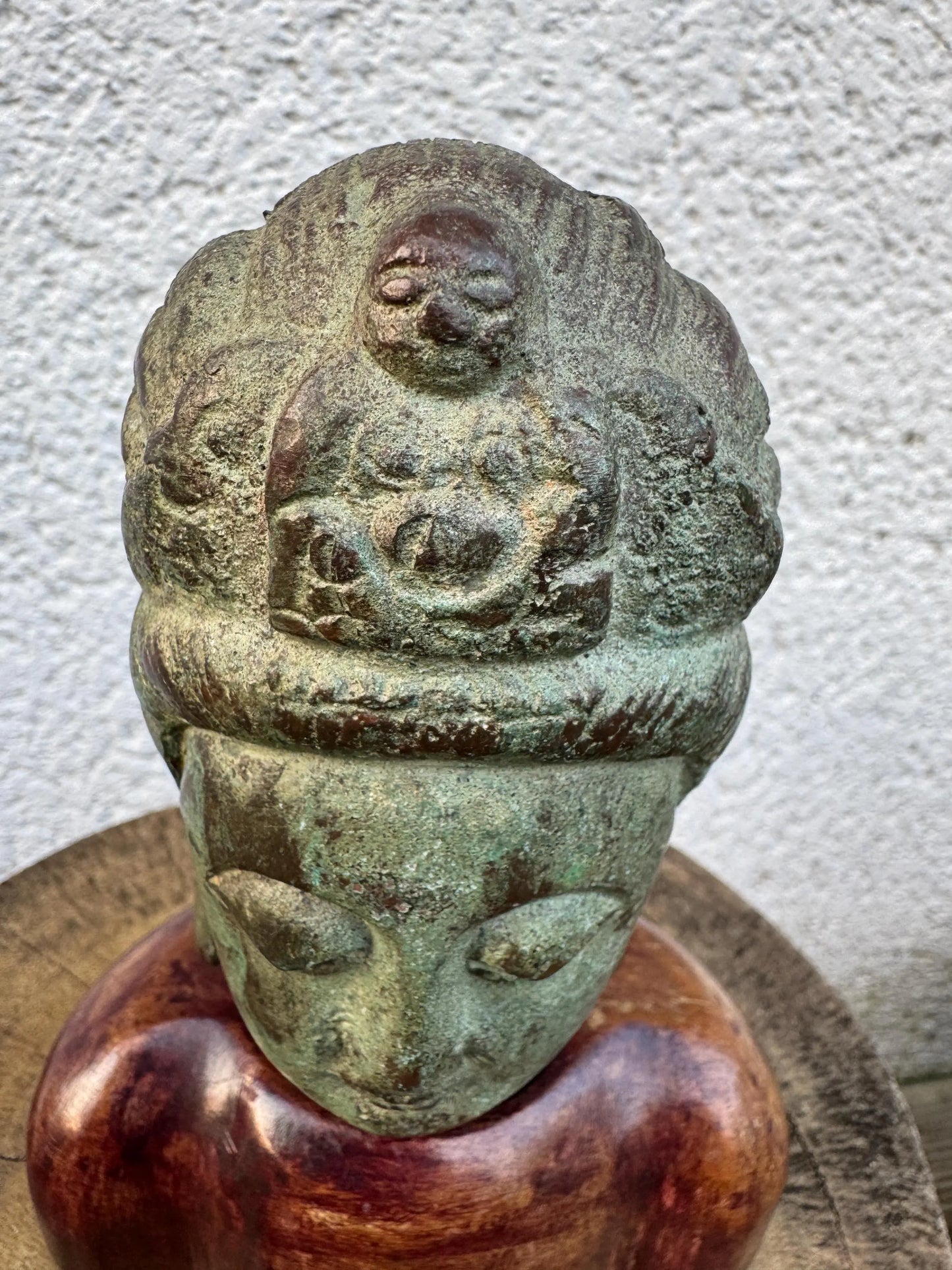 Antique Bronze Buddha Head on Wooden Base – Serene Asian Art Sculpture – Patinated Bronze Bust