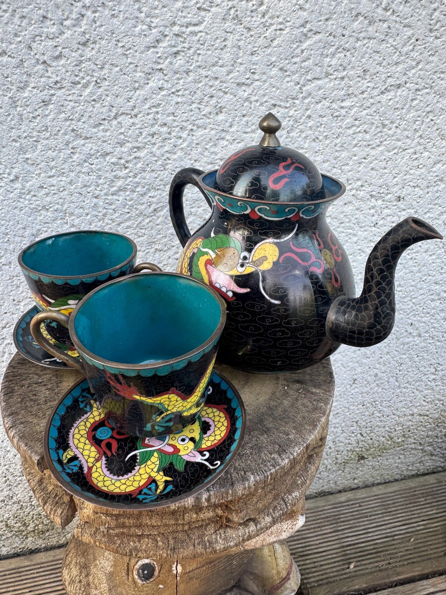 Antique Chinese Cloisonné Dragon Tea Set – Qing/Republic Era