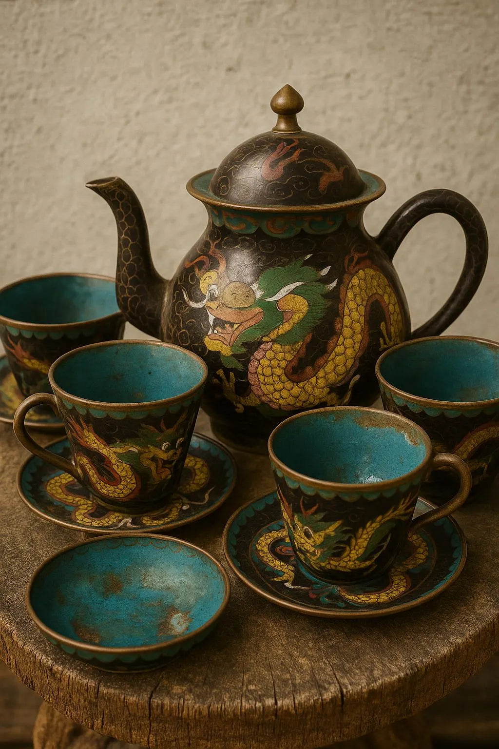 Antique Chinese Cloisonné Dragon Tea Set – Qing/Republic Era