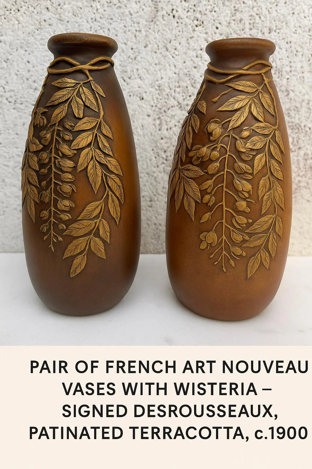 Pair of French Art Nouveau Vases with Wisteria – Signed Desrousseaux, Patinated Terracotta, c.1900