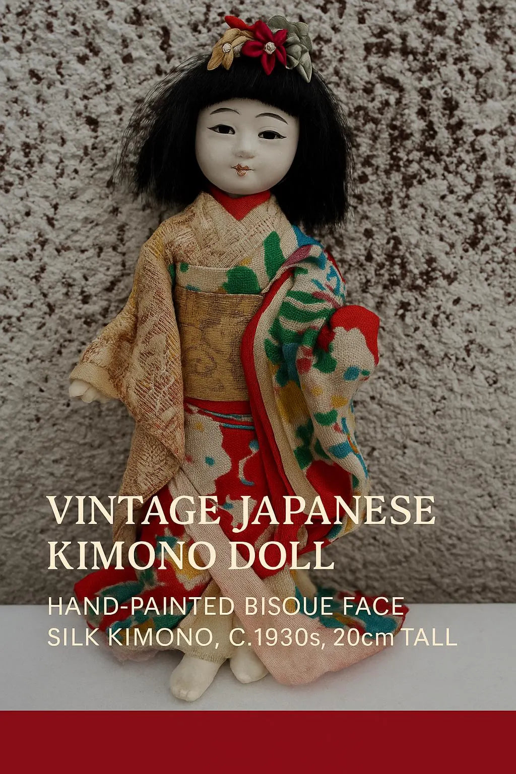 Vintage Japanese Kimono Doll – 1930s Hand-Painted Bisque, 20 cm