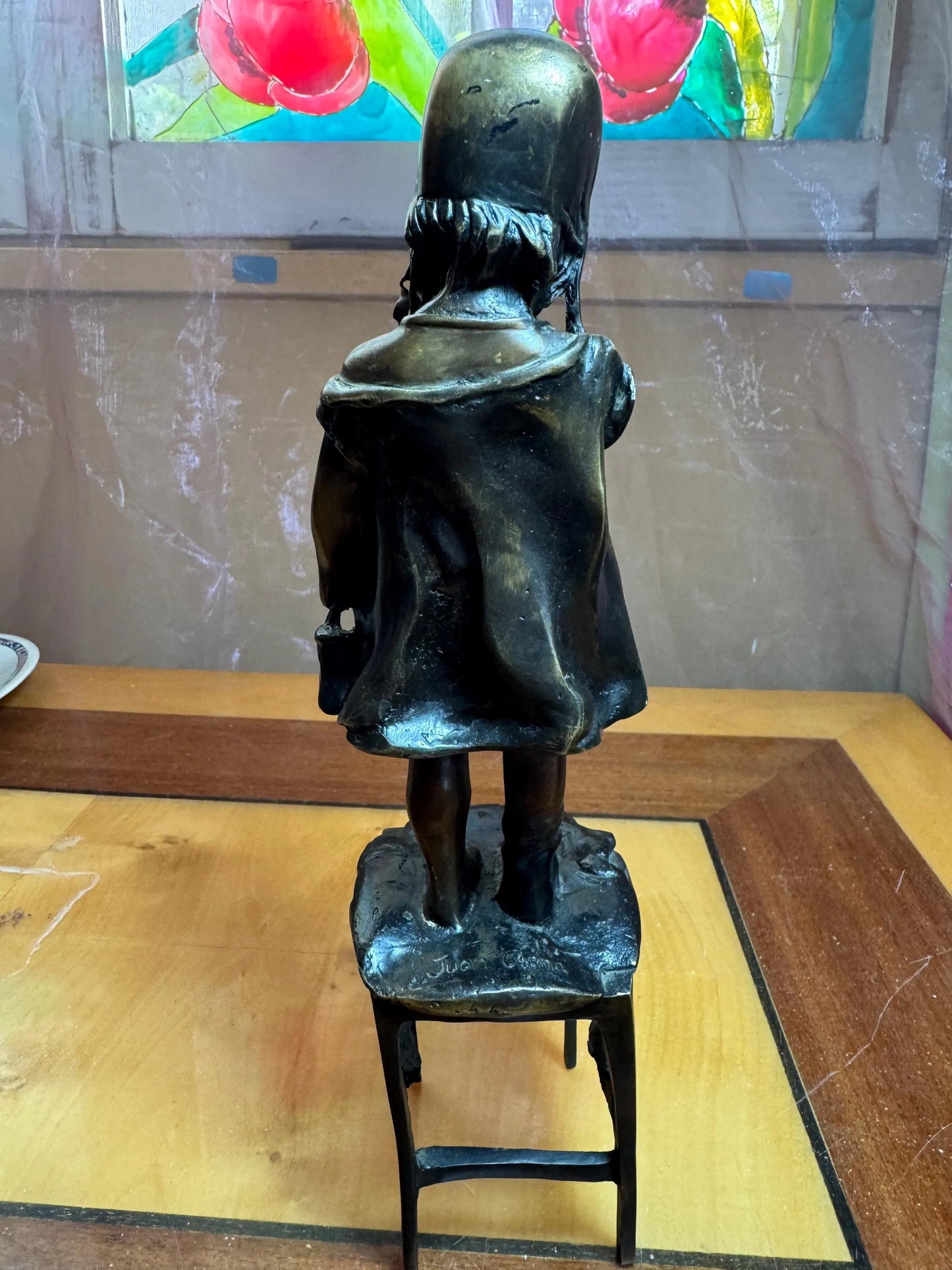 Antique Bronze Sculpture by Juan Clara – Girl on Chair – Signed – 30 cm – Spanish Belle Époque