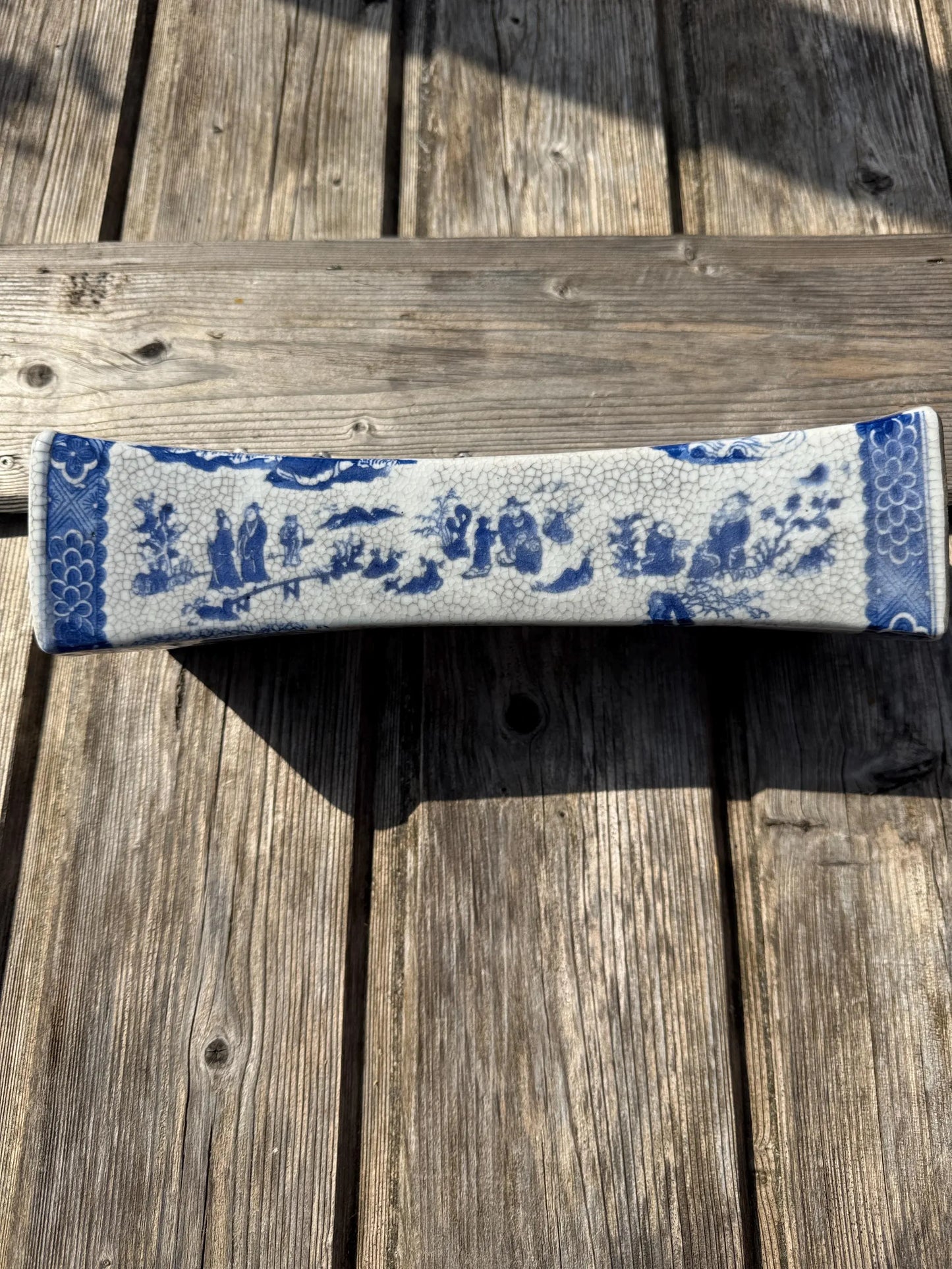 Rare Antique Chinese Porcelain Pillow – Blue & White Immortals Design – Crackle Glaze – Signed – Qing Style
