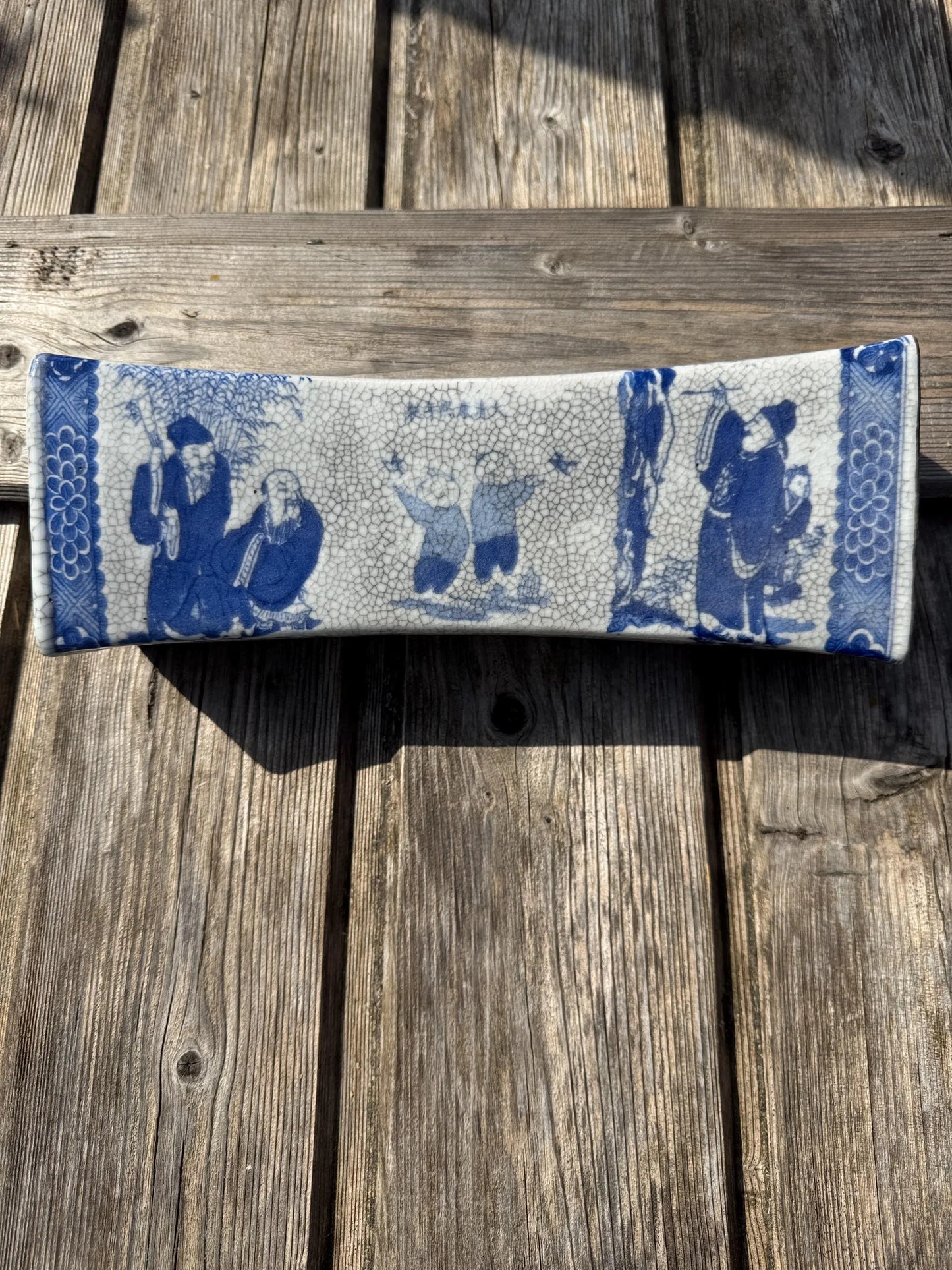 Rare Antique Chinese Porcelain Pillow – Blue & White Immortals Design – Crackle Glaze – Signed – Qing Style