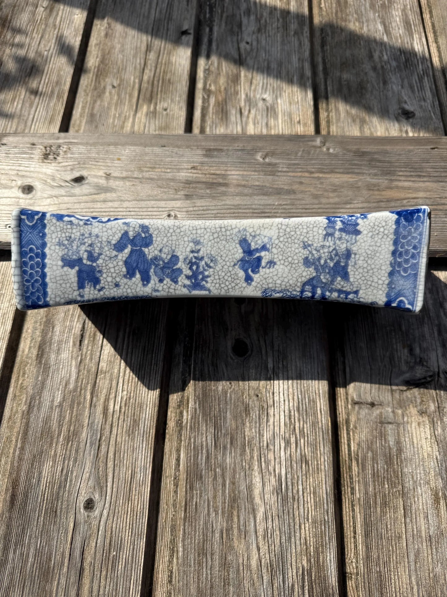 Rare Antique Chinese Porcelain Pillow – Blue & White Immortals Design – Crackle Glaze – Signed – Qing Style