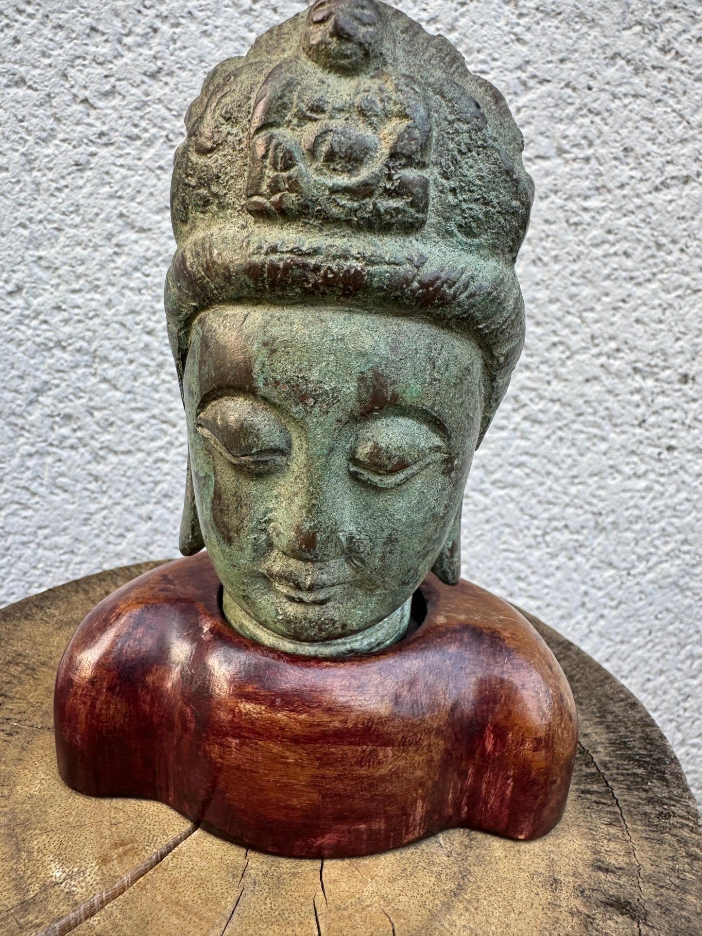 Antique Bronze Buddha Head on Wooden Base – Serene Asian Art Sculpture – Patinated Bronze Bust