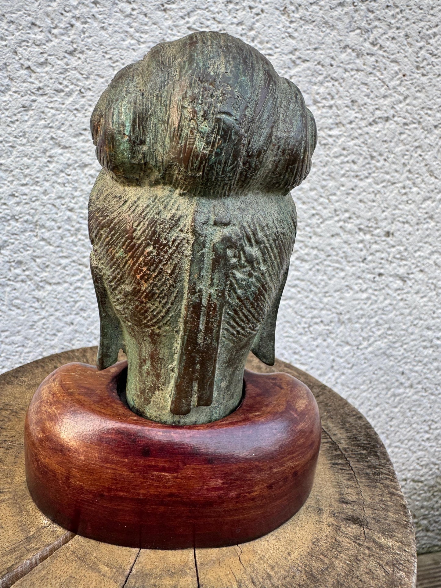 Antique Bronze Buddha Head on Wooden Base – Serene Asian Art Sculpture – Patinated Bronze Bust