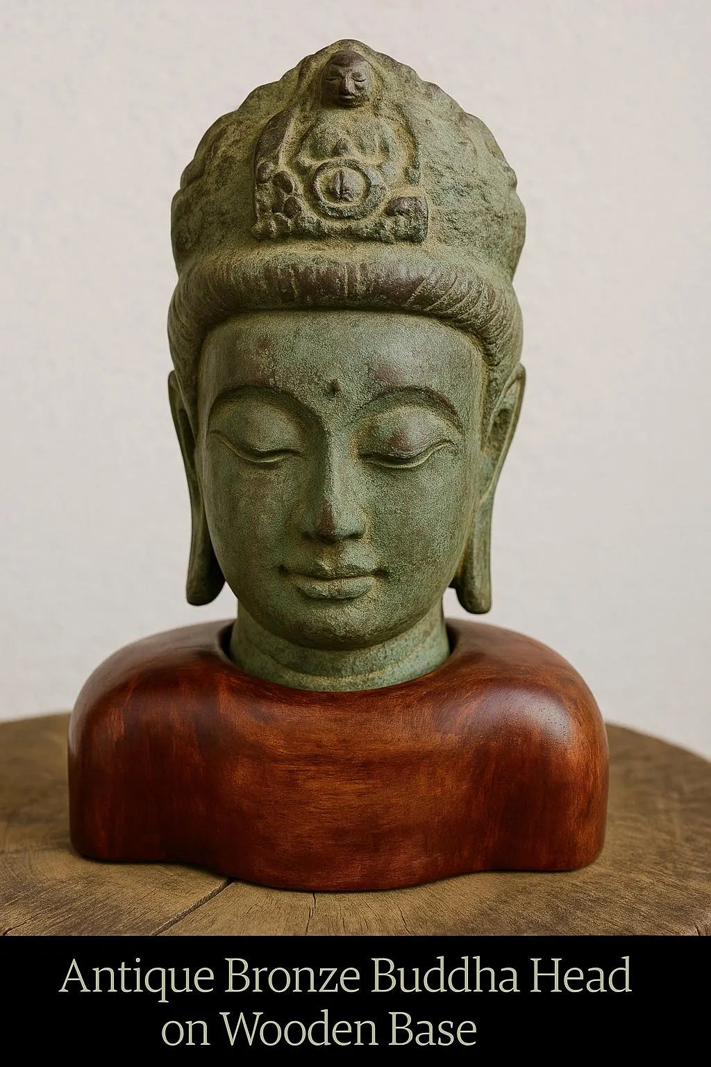 Antique Bronze Buddha Head on Wooden Base – Serene Asian Art Sculpture – Patinated Bronze Bust