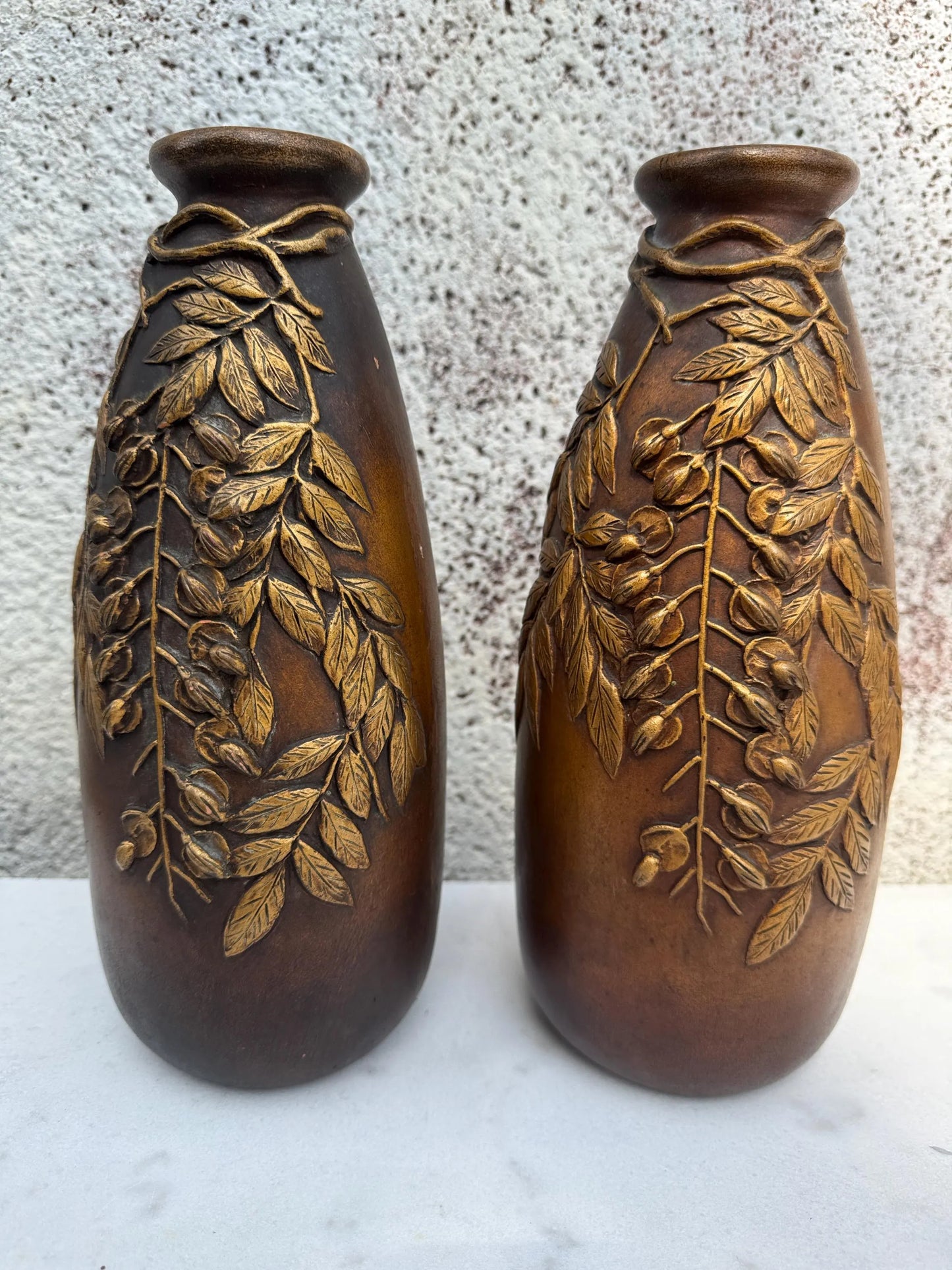 Pair of French Art Nouveau Vases with Wisteria – Signed Desrousseaux, Patinated Terracotta, c.1900