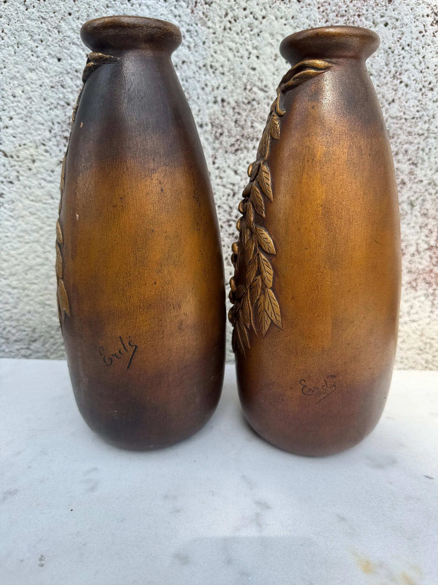 Pair of French Art Nouveau Vases with Wisteria – Signed Desrousseaux, Patinated Terracotta, c.1900