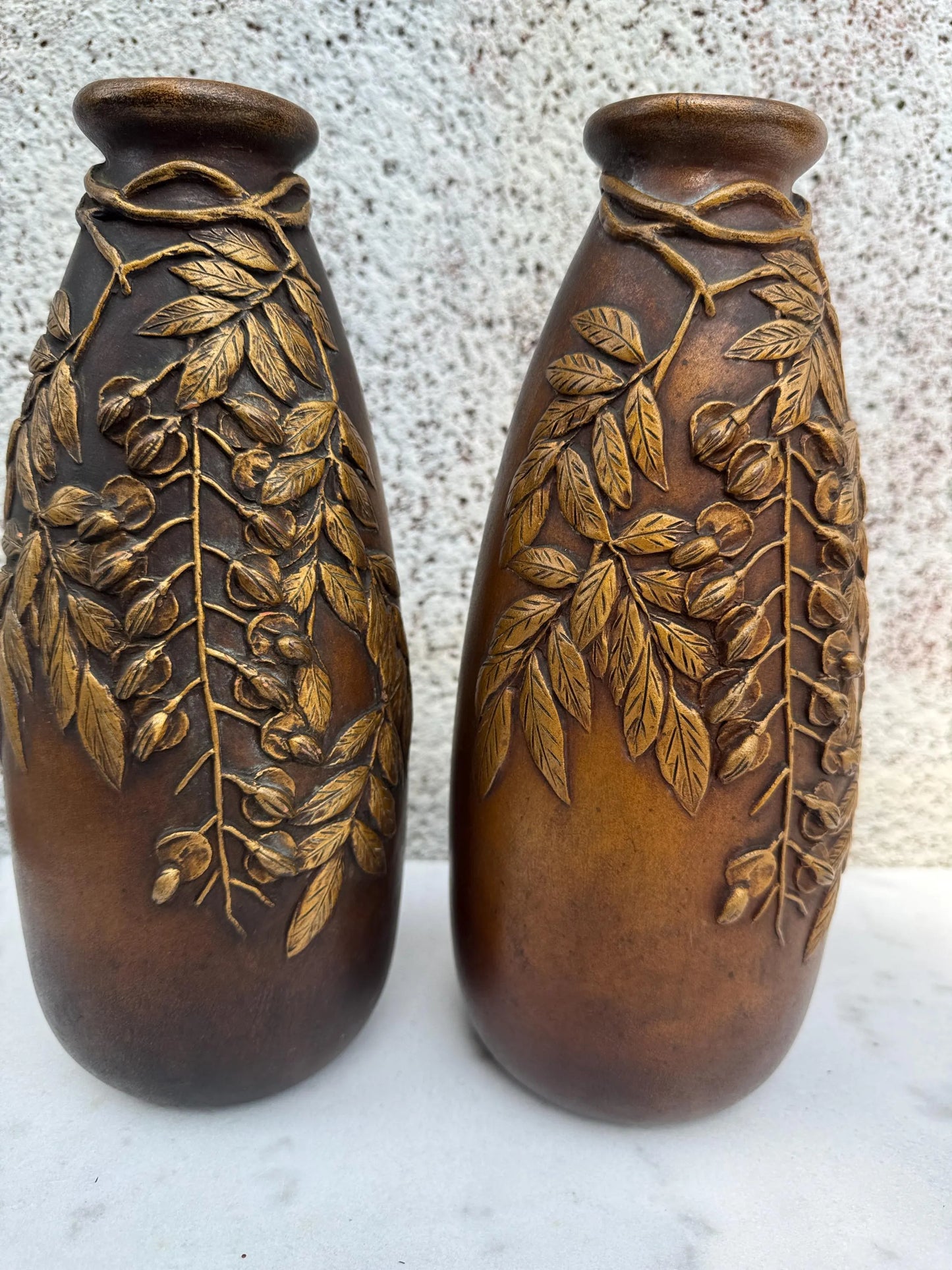 Pair of French Art Nouveau Vases with Wisteria – Signed Desrousseaux, Patinated Terracotta, c.1900