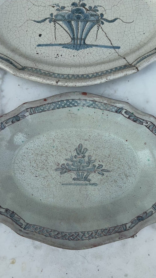Antique French Faience Oval Serving Platters – Blue Transferware – Late 18th to Early 19th Century – Set of 2